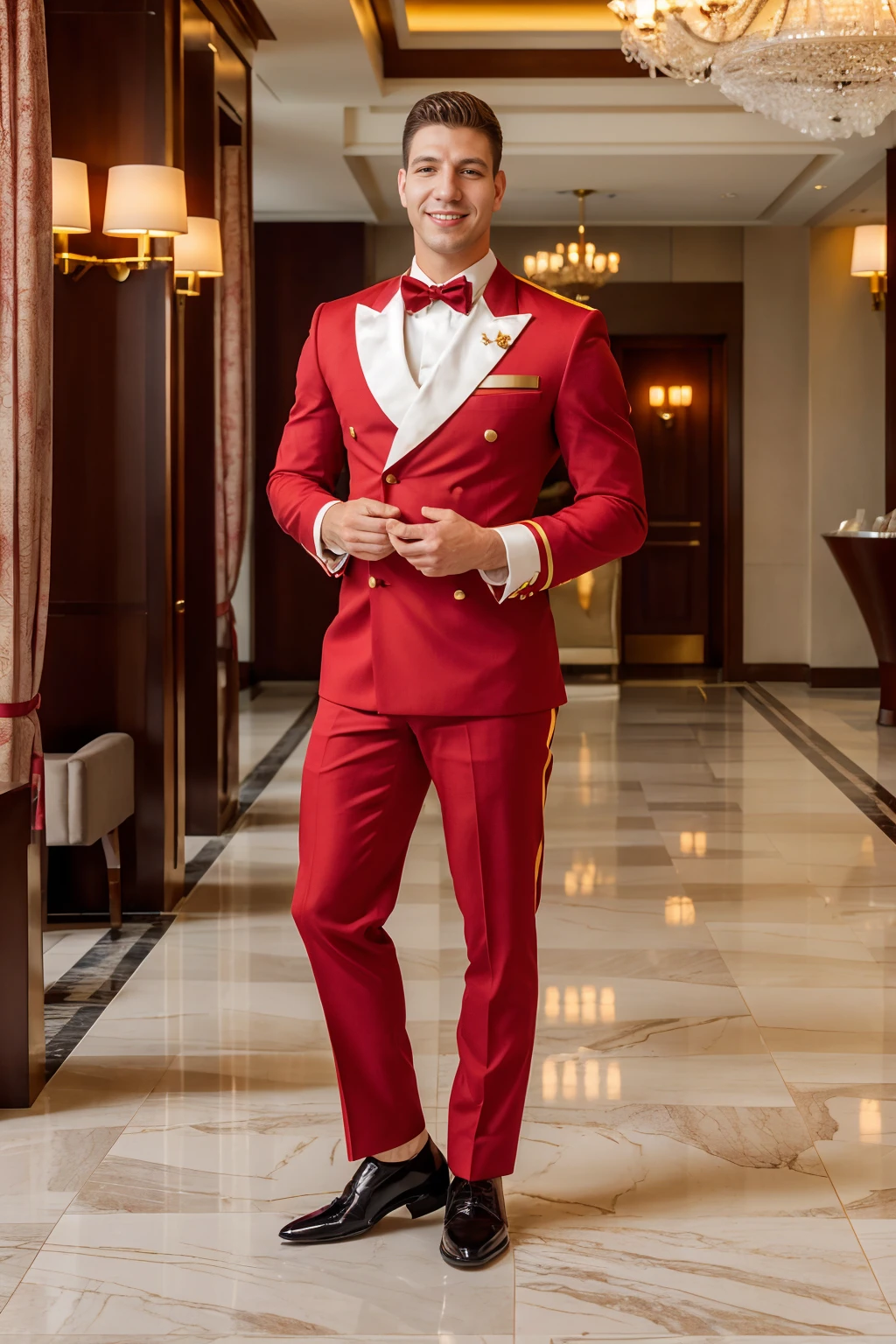 lobby of luxury hotel, NikoVangelis (wearing red bellhop uniform), bellman uniform, smiling, (((full body portrait))), wide angle <lora:NikoVangelis:0.75>