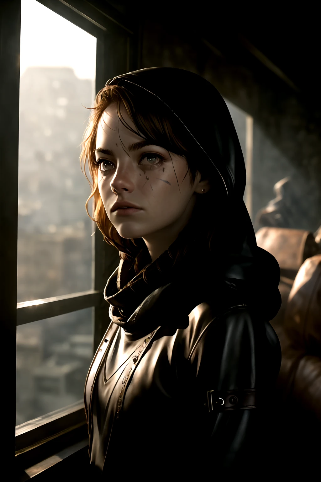 masterpiece, absurdres, best quality, <lora:Emma_Stone-v1-01:1.4>3mm4, woman, looking away, solo, upper body, detailed background, detailed face, (<lora:ThunderMagic:0.6>, excessive energy, charged aura, thundermagic theme:1.1), , thief, scars, fingerless gloves, dynamic pose, rugged dark leather (armor:0.7), keys, hooded, small leather pouch, knives, smuggler hideout background, sneaky, , secret, , concealed, coins in background grunge atmosphere, , Shawl Collar Sweater, Soft Glow, Travel Photography, perspective, Sunlight through a textured or perforated surface for interesting shadows (Perforated Light).
