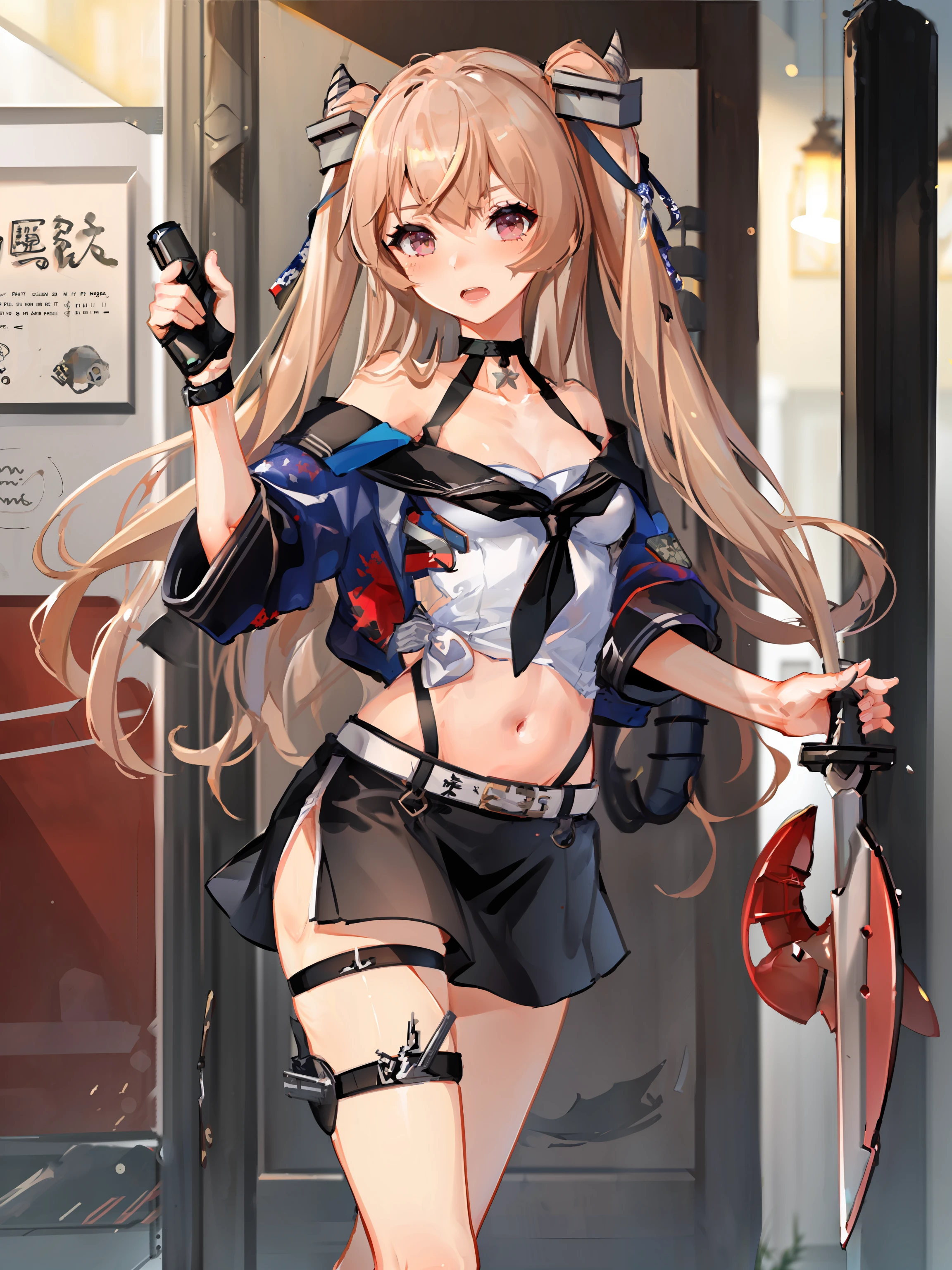 johnston oni \(kancolle\), 1girl, breasts, navel, single glove, gloves, skirt, open mouth, collarbone, speech bubble, blush, holding, black gloves, cleavage, medium breasts, belt, solo focus, sword, midriff, shirt, alternate costume, weapon, thigh strap, black skirt, blurry background, admiral \(kancolle\), 1boy, armpits, bare shoulders, white shirt, cowboy shot, black choker, blurry, choker, t-head admiral, white gloves, outdoors, looking at viewer, original, intricate detail, illustration, masterpiece, extremely detailed CG unity 8k wallpaper, highlight, sharpening, dynamic, <lora:Johnston-6:0.8>,