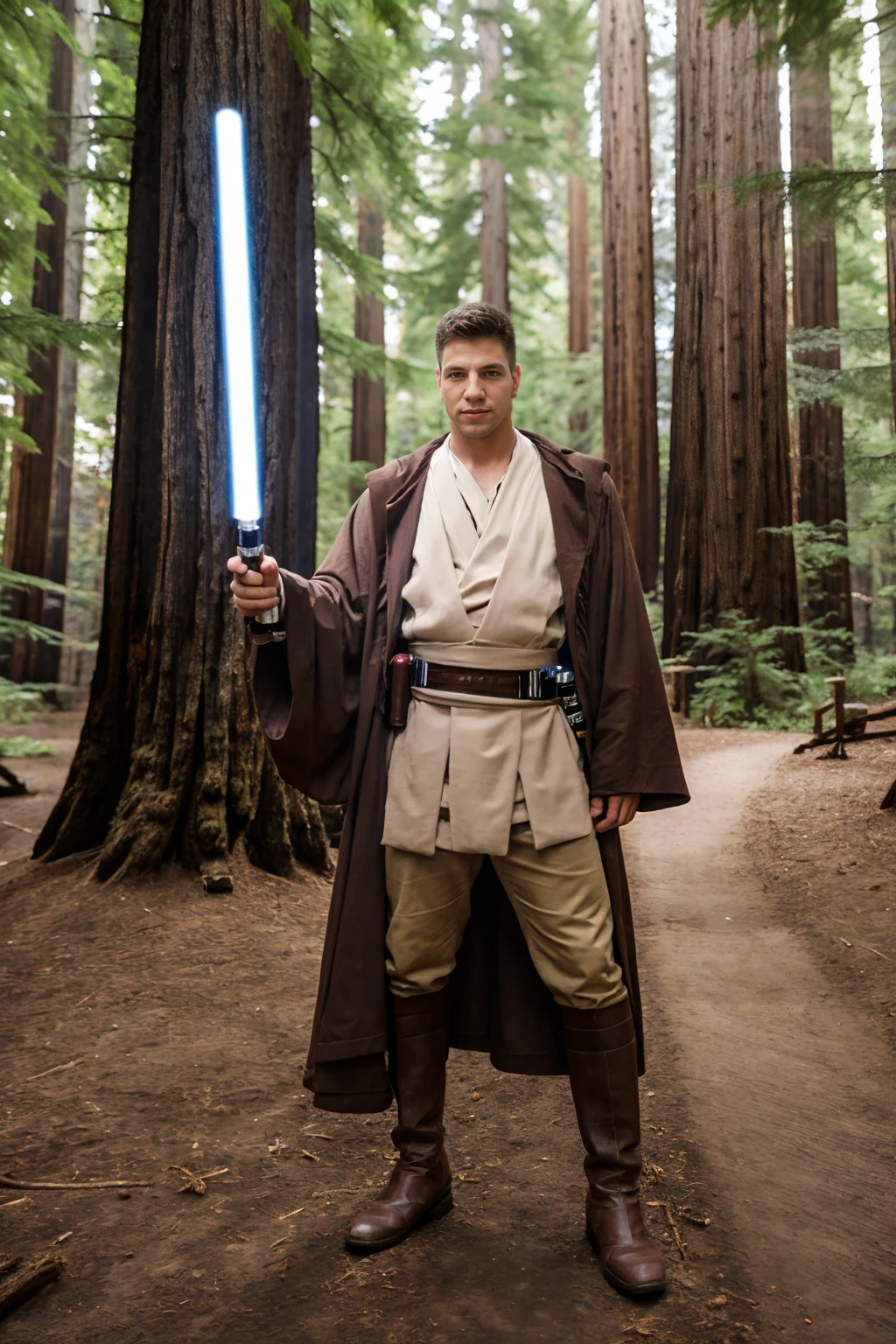 standing in a redwood forest among giant redwood trees, NikoVangelis in jedioutfit, holding lightsaber, (((full body portrait))), wide angle <lora:NikoVangelis:0.75> <lora:jedioutfit:0.8>