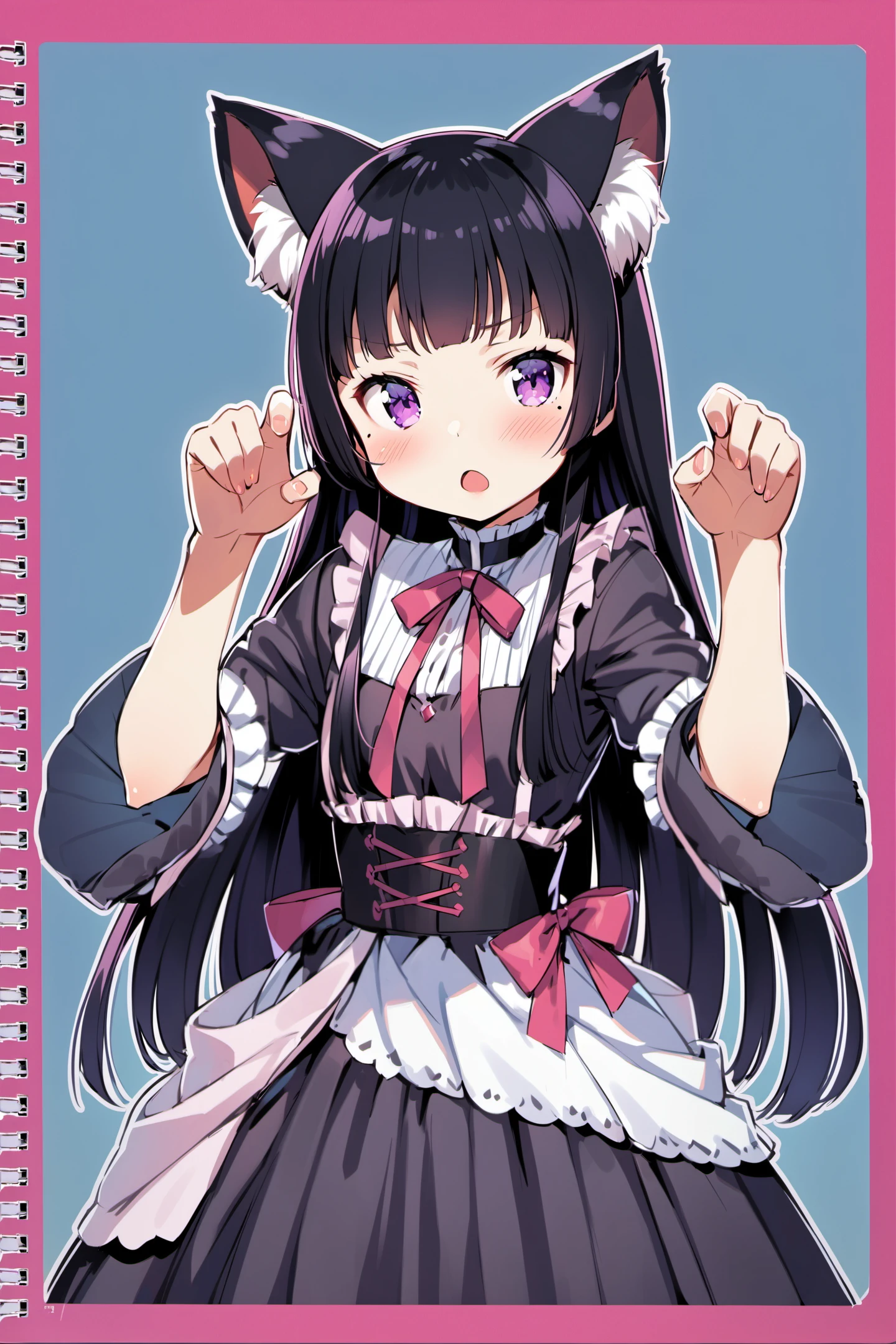 1girl, gokou ruri, animal ears, long hair, solo, mole under eye, black hair, cat ears, paw pose, mole, purple eyes, dress, blush, black dress, hime cut, open mouth,<lora:Kanzaki Hiro_XL:0.8>
