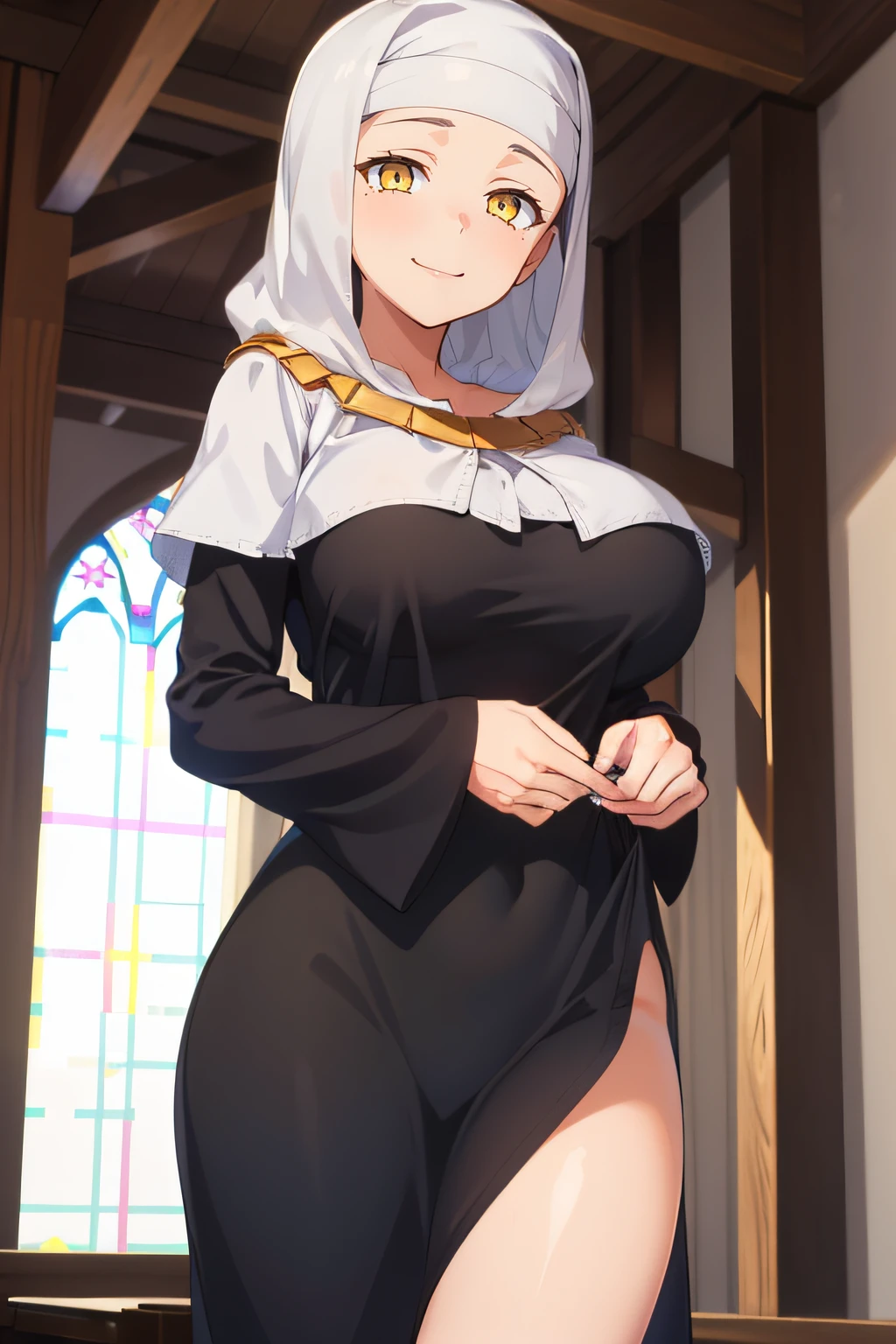 (masterpiece:1.2), best quality, high resolution, unity 8k wallpaper, (illustration), extremely detailed face, perfect lighting, extremely detailed CG, (beautiful detailed eyes:1.2), 1girl, solo, <lora:Sessyoin_Kiara:0.8>, kiara, nun, habit, yellow eyes, black dress, standing, huge breasts, cowboy shot, church, looking at viewer, mature woman, pervert smile