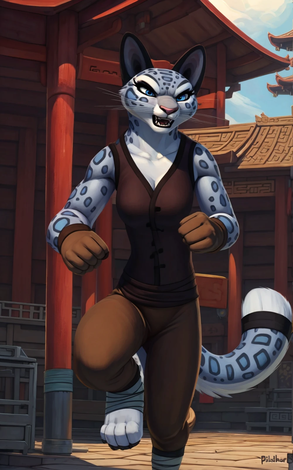 princessember, (masterpiece, best quality, high quality, highres:1.4), detailed, extremely detailed, dark lighting, 4K, female, 1female, slim_woman, toned body, dragon, white body, smooth skin, anthro legs, tone body, (dragon feet), (toe claw), black spikes, blue eyes, (detailed eyes), dragon horns, dragon tail, bare_shoulders, (clothing, topwear: tanktop, handwear:(cloth wrap), bottomwear:(pants:black))), beautiful, ((mouth closed)), long hair, has hair, pretty, no bra, nipples visible through clothing, monk, timid, averting eyes, cute, standing in a dojo, smiling