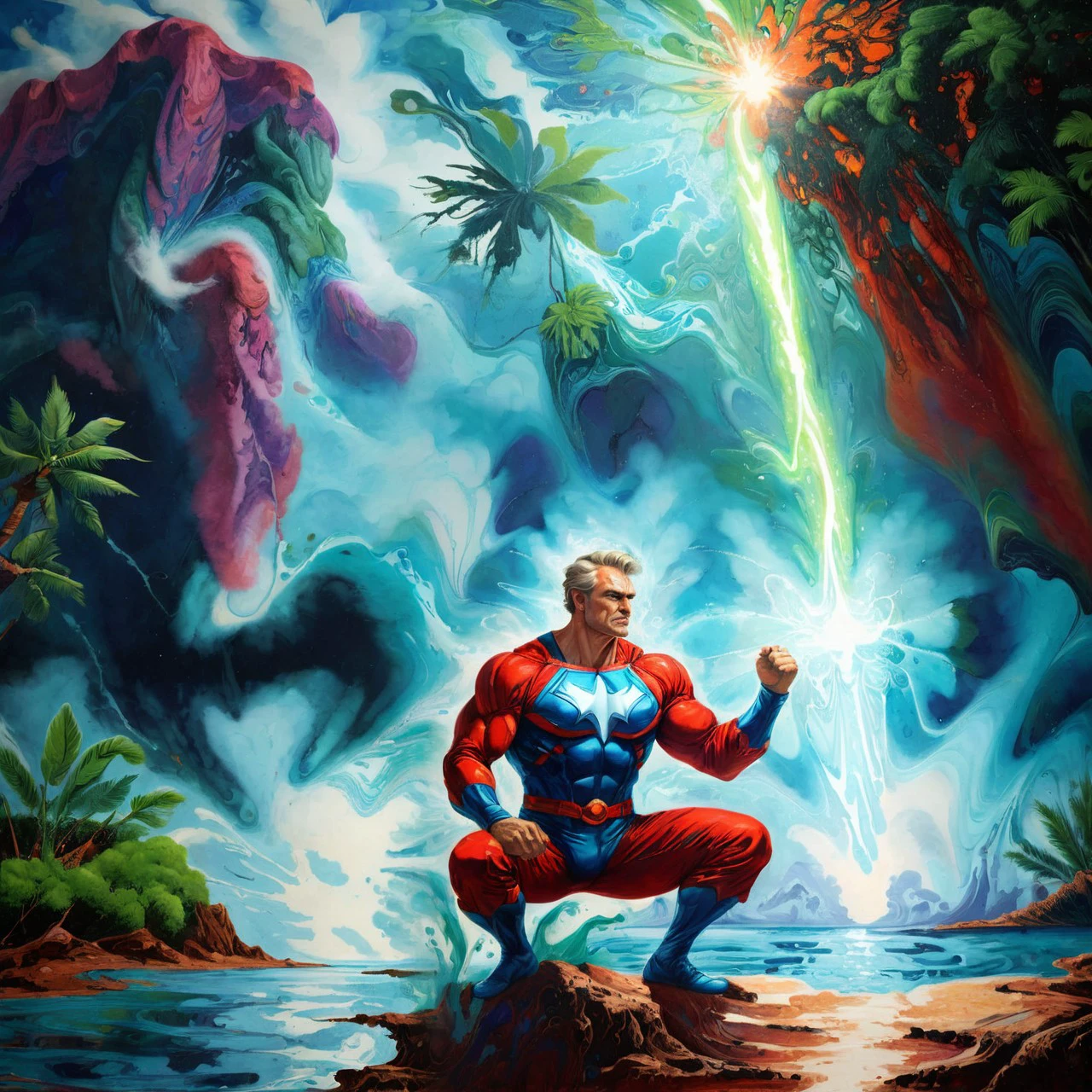 award-winning xlomrblng painting of a mature Russian male superhero squatting in a tropical landscape, glowing plasma waterspout, intricate, crisp lines <lora:xlomrblng:1>