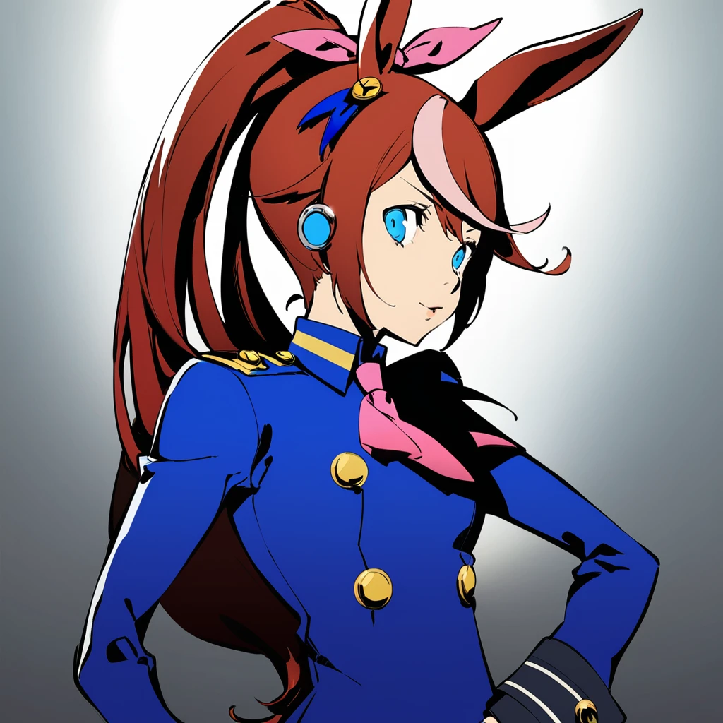 1girl, tokai teio \(umamusume\), persona, persona 5, masterpiece, best quality, uhd, 8k, soejima_shigenori <lora:persona_style_xl_c:1>