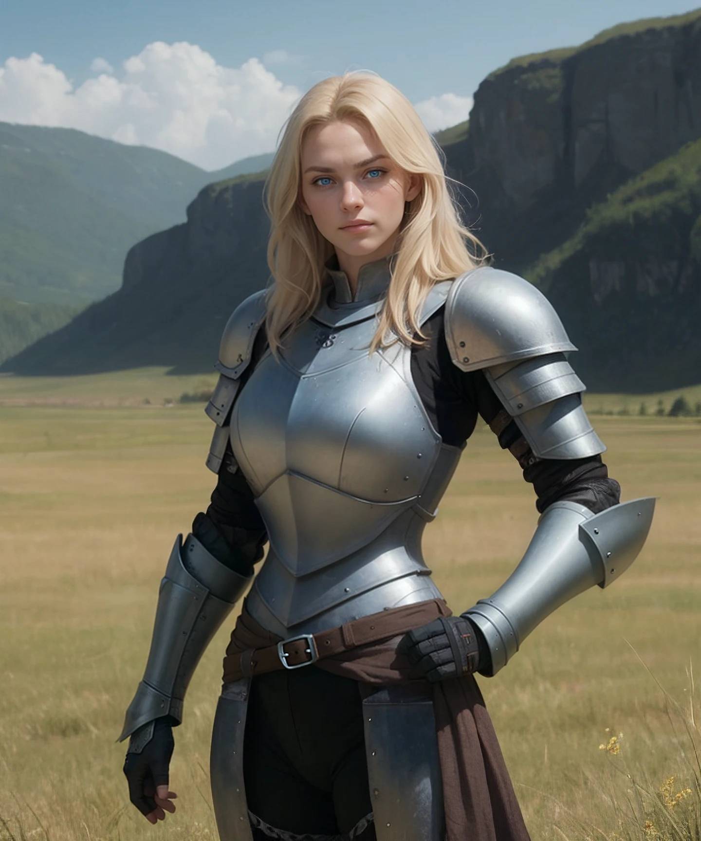 woman, (Scandinavian), (detailed skin), (perfect face), defined jawline, beautiful lips, (beautiful bright blue eyes), (sun-kissed face), (long blonde hair), (perfect anatomy), (steel armor, rugged chest plate, battle damaged:1.2), (knight faulds:1.2), (full leg armor, armored pants:1.2), (standing, hand on waist), (looking at viewer), (cowboy shot photograph), (grassland valley background), realistic