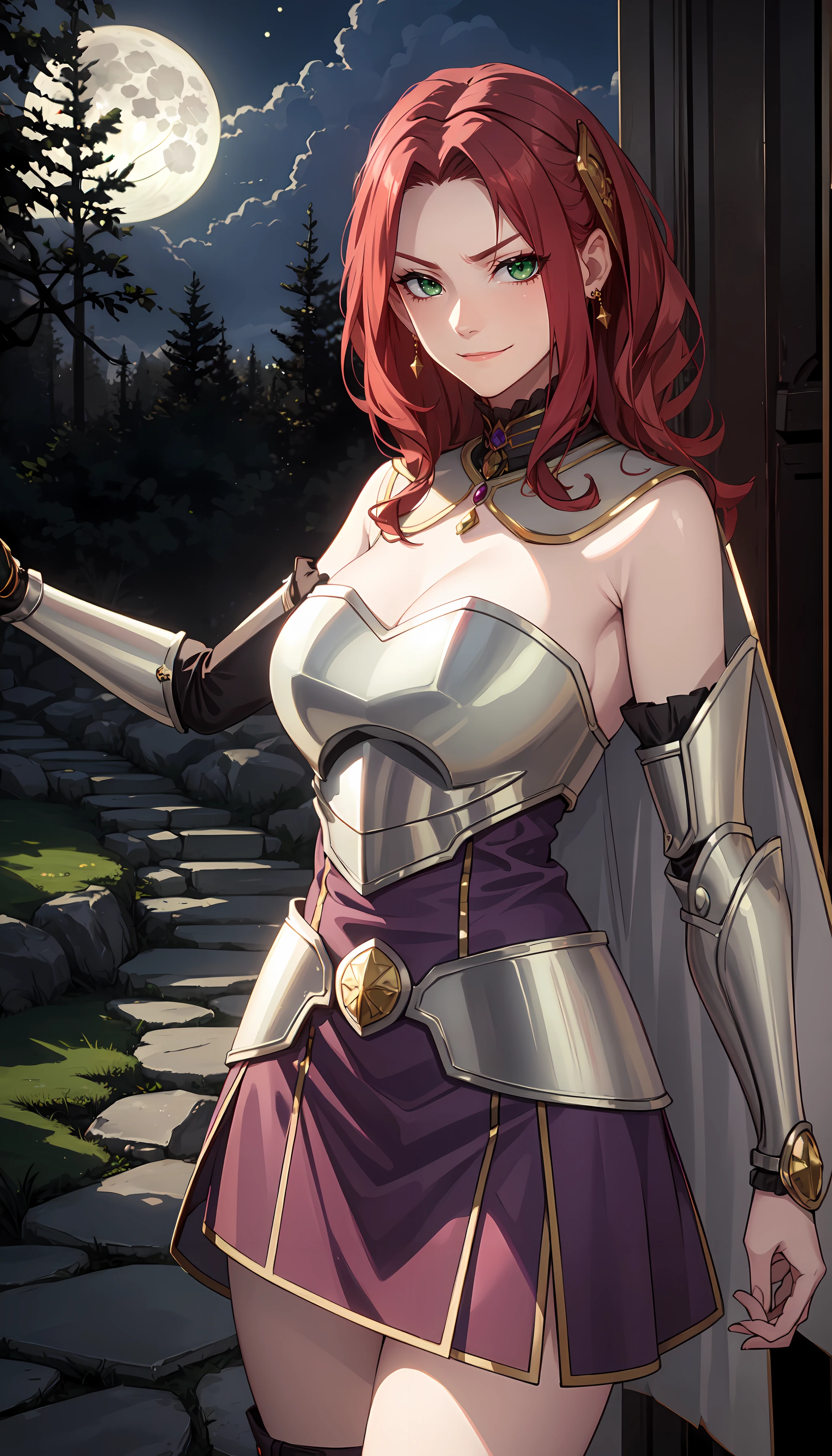 (masterpiece, Best quality:1.4), Looking at the viewer, cowboy shot, fake smile, malt melromarc, Red hair, wide, green eyes, nude cleavage, big breasts, big breasts, hair ornament, earrings, Jewelry, armor, armored dress, dress, Separate sleeves, breastplate, purple skirt, belt, Open, grass, Castillo,