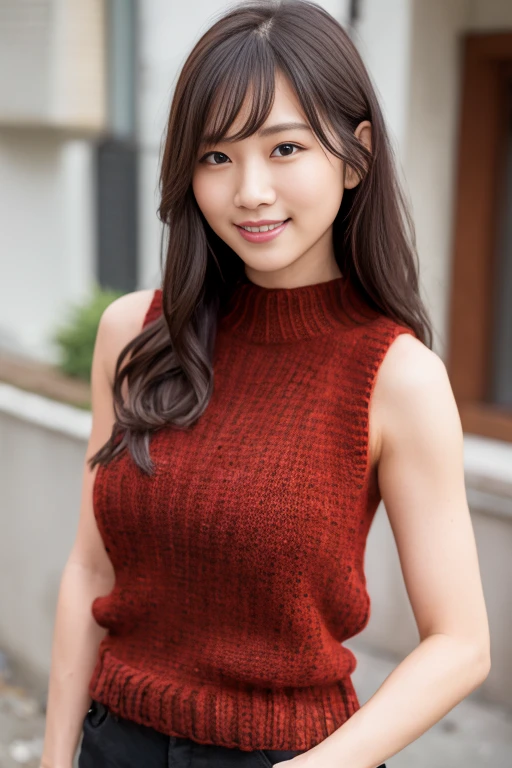 Japanese woman wearing a black sleeveless sweater、 (((masterpiece))), ((highest quality)), ((Intricate details)), (((Ultra-realistic)), irrational solution, Near and far, Very detailed, Realistic, 1 girl, ((Big Breasts)), Perfect hands, Finger details, Beautiful and detailed, short hair, Brown eyes,(Sleeveless sweater:1.2), Black knit dress, Detailed Background, choker, Perfect Eyes, Captivating eyes, Looking at the audience, From the top right、Laughter、Moles around the mouth、front、
