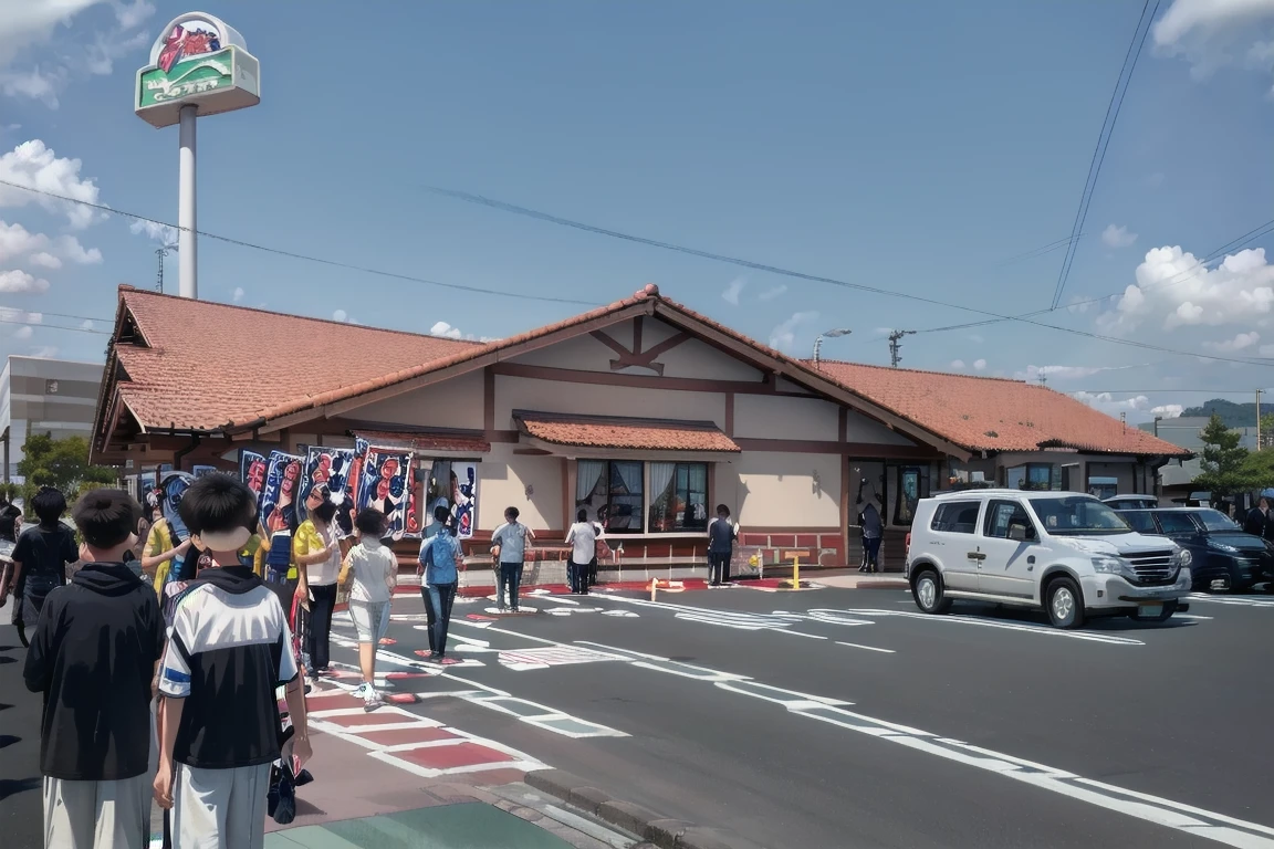 best quality, ultra-detailed, illustration,
sawayaka, storefront, scenery, car, road, outdoors, multiple boys, street, traffic cone, 6+boys, building, cloud, sky, lamppost, japan, censored