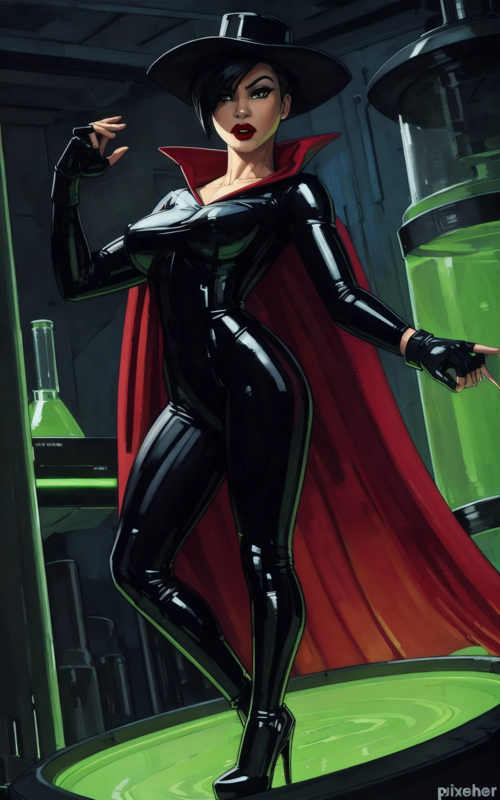 8k,4k,((Best quality, masterpiece, ultra high resolution)),((full body, by pixelsketcher)), <lora: Cybersix:0.55>,Cybersix,gloves, fingerless gloves, cape, hat,bodysuit, black bodysuit, black hair, high heels,black gloves, makeup, lipstick, black headwear, red cape, red lips,short hair,hair over one eye,action pose,human,fingerless gloves,black cape, green liquid,laboratory, tubes,((short sleeves))