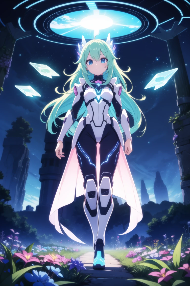 masterpiece, best quality, ultra detailed, anime style, in an alien landscape, a crystalline being with bioluminescent tendrils floats gracefully above an otherworldly garden. Her iridescent exoskeleton catches the light, mirroring the luminescent flora that illuminates the extraterrestrial scene