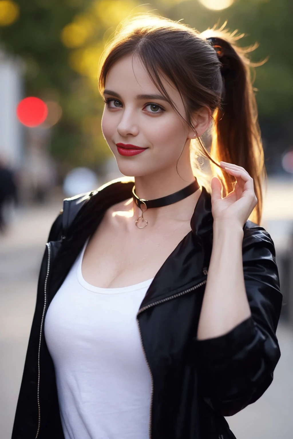 <lora:arimaj_v01:0.9>,
(8k, RAW photo, best quality, masterpiece:1.2), (realistic, photo-realistic:1.37), omertosa,1girl, blurry background,city, rain,wet,professional lighting, photon mapping, radiosity, physically-based rendering, backlight bokeh, blurry background, mature,((black choker)), red lips, office lady ,((lights shinning on the face))
head portrait
,
sunlight, ((outdoors)) ,((light shinning on the hair))
hoodie,bare shoulders,short jacket,
((ponytail hair)), ((floating hair)), blonde,wavy hair, glowing hair,
135mm lens,,big breast,red lips,smile