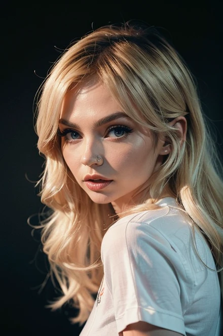 <lora:apple:1> apple, blonde hair, analog photo,silhouette,spotlight,close up portrait,pale skin,highly detailed face, seducing facial expression,wearing a white shirt,dark background,warm colors, RAW candid cinema,16mm,color graded portra 400 film,remarkable color, ultra realistic,