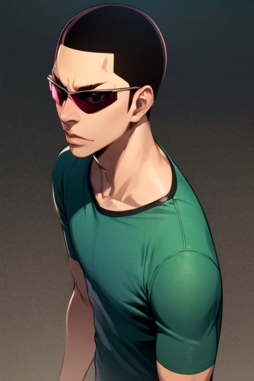 photorealistic, (4k), depth of field, (Masterpiece), (realistic skin texture), extremely detailed, intricate, hyper detailed, high resolution, professional photography, bokeh, depth of field, sharp detail, best quality, looking at viewer, 1boy, solo, male focus, <lora:shingo_kinjou:0.96>, shingo_kinjou, black hair, black eyes, sunglasses, buzz cut, , skyscraper, 8k resolution