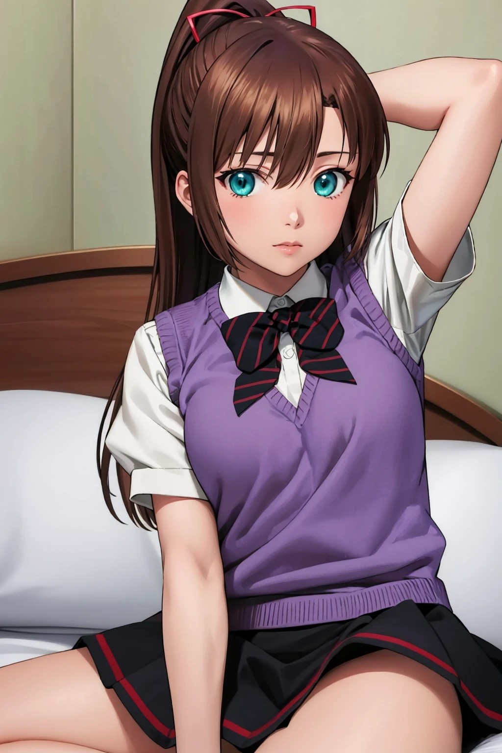 masterpiece, best quality, <lora:kirasakasayaka-nvwls-v1-000009:0.9> kirasaka sayaka, ponytail, hair ribbon, bowtie, white shirt, purple sweater vest, short sleeves, pleated skirt, sitting, bed, arms behind head, looking at viewer