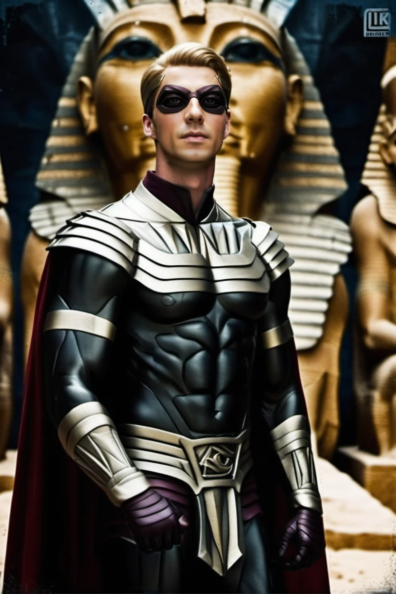 cinematic photo a man, ((full body)), with a mask in a superhero suit and cape, in a 80s egypt pyramids background<lora:Ozymandias1024-000450:0.8> . 35mm photograph, film, bokeh, professional, 4k, highly detailed