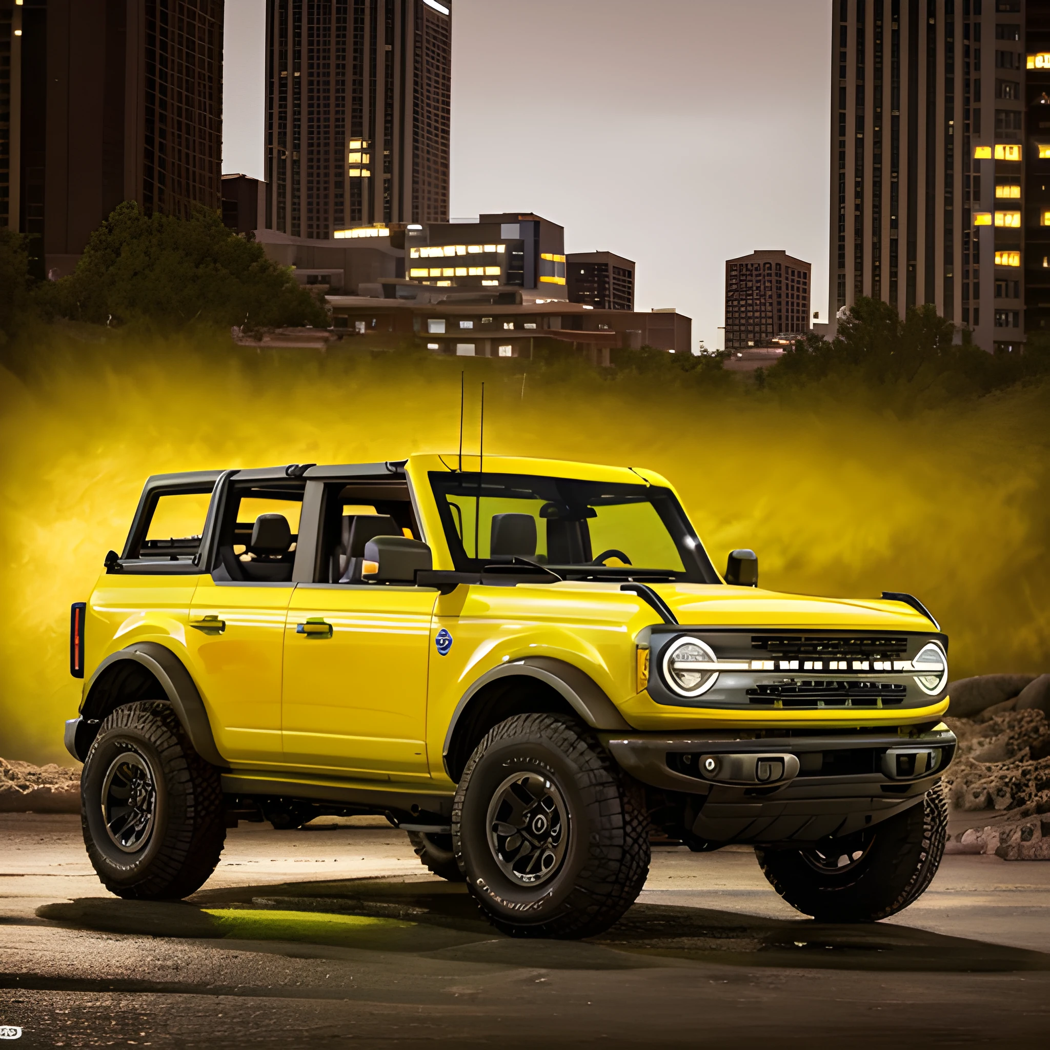 ford bronco with yellow paint, top down, night+, streelight, downtown+, highly detailed, ultra quality, masterpiece, sharp focus, smooth, intricate details, 8k UHD, photo-realistic, atmospheric, epic

