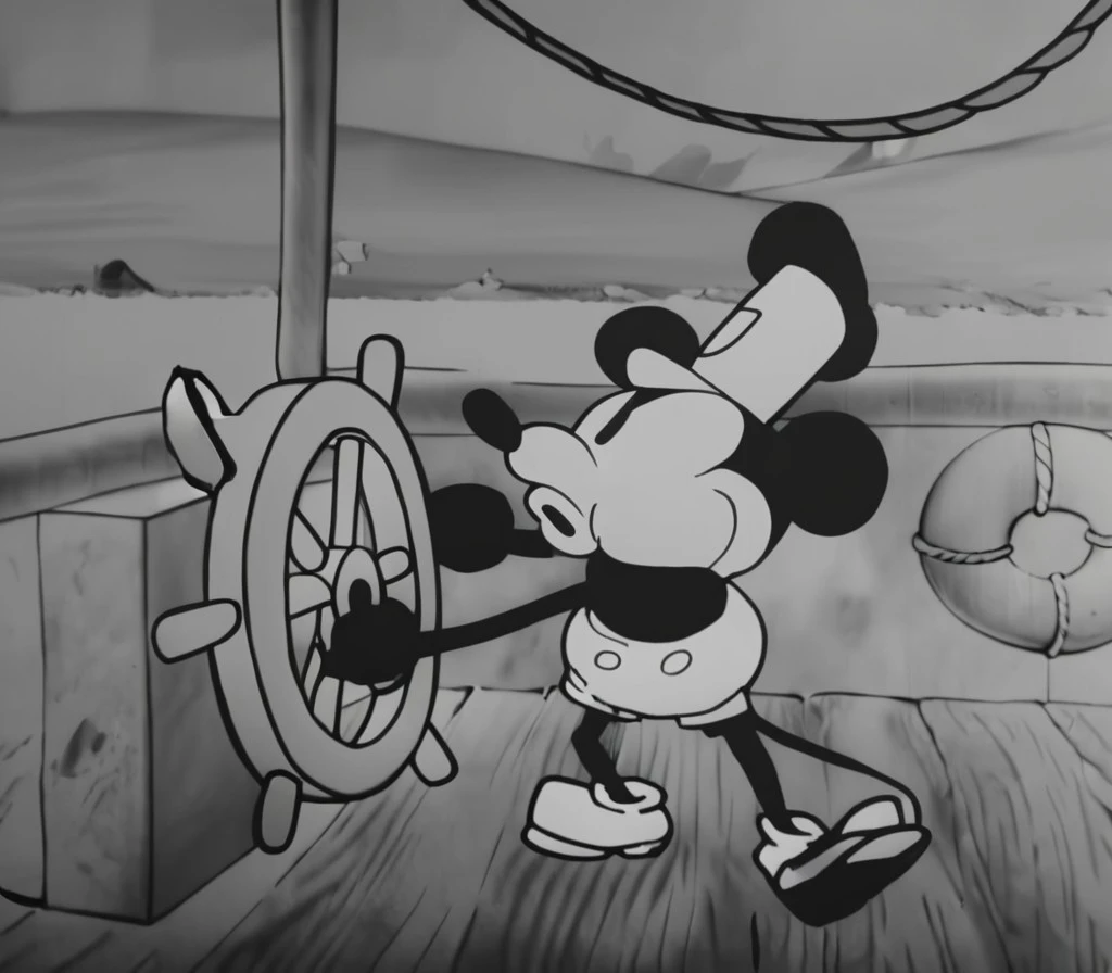 1920s animation, mickey mouse wearing hat, mickey mouse happy holding steering wheel and whistling, rope above, mickey mouse dancing, scenery at background, lifebuoy, wheelhouse closeup, solo
<lora:steamboat_willie:1>