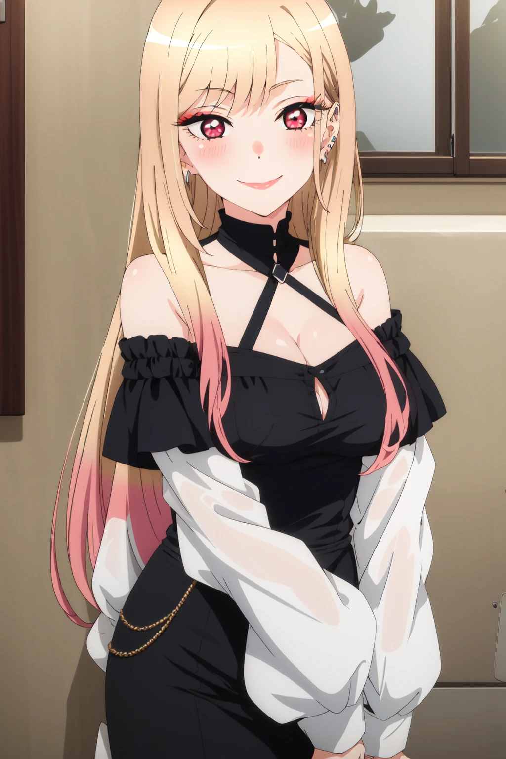 <lora:anime_screencap_v2:0.3> tall body, tall, long legs, mature female, mature, adult, <lora:GoodHands-beta2:1.4>,
 <lora:eft_marin-02:1>, eft_marin, kitagawa marin, 1girl, solo, blonde hair, breasts, smile, cleavage, long hair, looking at viewer, red eyes, multicolored hair, piercing, upper body, ear piercing, earrings, jewelry, gradient hair, medium breasts, bangs, bare shoulders, pink nails, closed mouth, dress, long sleeves, off shoulder, makeup, fingernails, pink hair, eyelashes, blush, black shirt