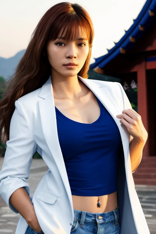 Photo of a woman in a white jacket and a blue jeans, small breasts, medium shot, model pose, background is a thai temple, golden hour, detailed, realistic, 4K, <lora:MS_Oopeve_V2_32:0.8>