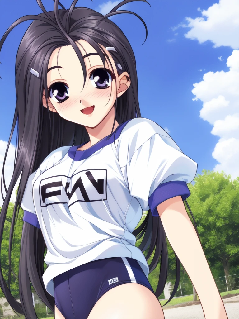 <lora:Hikawa_Naori:0.8>, HikawaNaori, black_hair, long_hair, antenna_hair, black_eyes, hairclip, cowboy Shot,
darkblue_buruma, blush, gym uniform, smile, open mouth,   sky,
masterpiece, high quality, very_high_resolution, large_filesize, full color,