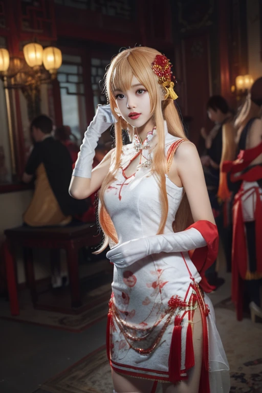 ltra-detailed,highly detailed,best quality,masterpiece,illustration,realistic,photorealistic,
yuuki asuna,
1girl, solo,
qipao, china dress, chinese clothes, sleeveless, bare shoulders,
long hair, blonde hair, very long hair, double bun, hair bun, bun cover, ribbon, bangs, hair ribbon, hair ornament,
cowboy shot, hand in own hair, standing, looking at viewer, adjusting hair,
indoors,
<lora:yuuki asuna-qipao_v1_07:0.9>