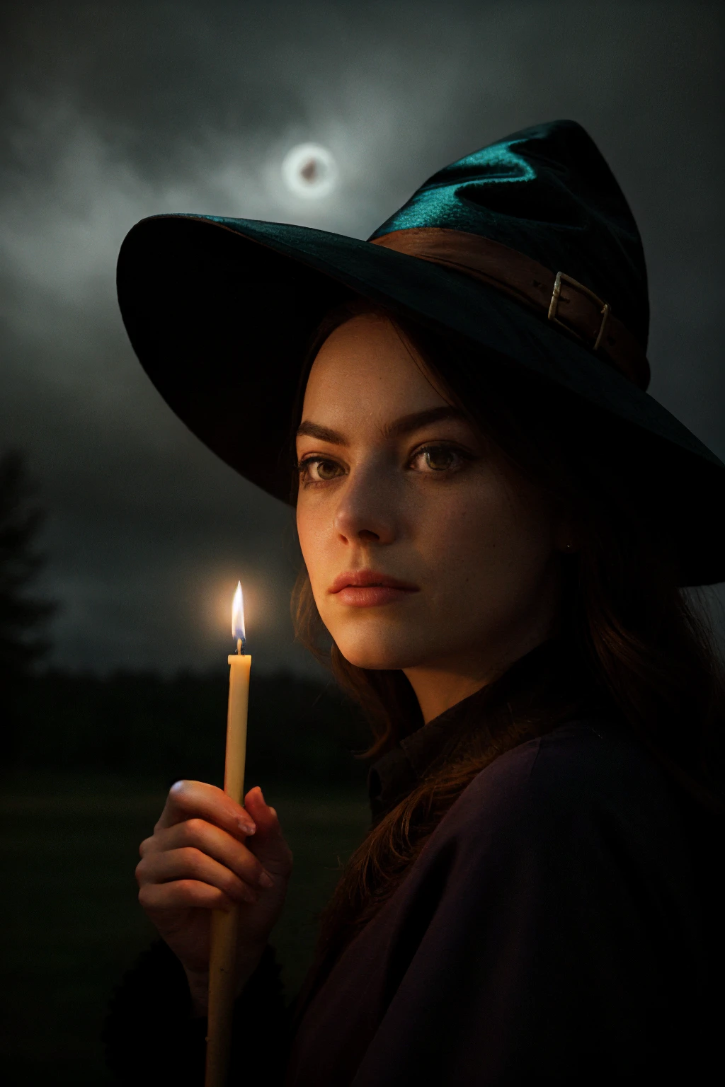 <lora:Emma_Stone-v1-01:1.4>3mm4, woman,Style-GravityMagic, looking at viewer, solo, upper body, detailed background, witch hat, witch, hair flowing in the wind, blue trimmed dark colored clothes, casting spell, moonlit clearing background, colorful whirlwind of glowing magic streams in the air, dark magic, witching hour, mist, mysterious atmosphere,, documentary photography, vanishing point, close-up, candlelight,chiaroscuro, , 135mm f1.8, shot on RED camera