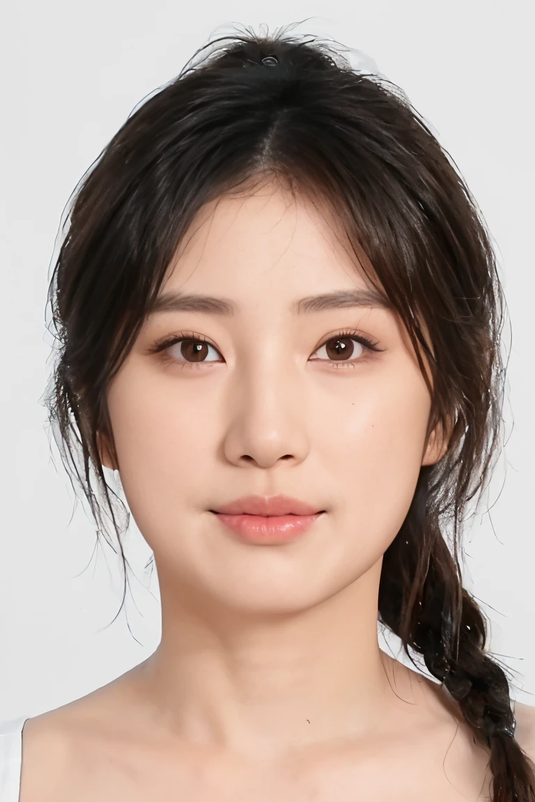 (masterpiece, top quality, best quality, (close-up photograph: 2), ((1girl)), korean, fair skin, (extremely detailed face), ((looking at viewer)), ((((ultra-detailed eyes and pupils)))),((((ultra-detailed lips)))) cheekbone, plump cheeks, ((bare pectorals)), ((bare chest)), ((tube dress)), bare head, ((bare shoulders)), symmetrical frame, (((strapless))), ((closed lips)), (((smile))), ((symmetrical pose)), (symmetrical face: 1.6), 35mm, ((((minimal plain white background)))), ((no lighting)), long hair, no watermark, ((medium hair)), <lora:chaixinew:0.7>