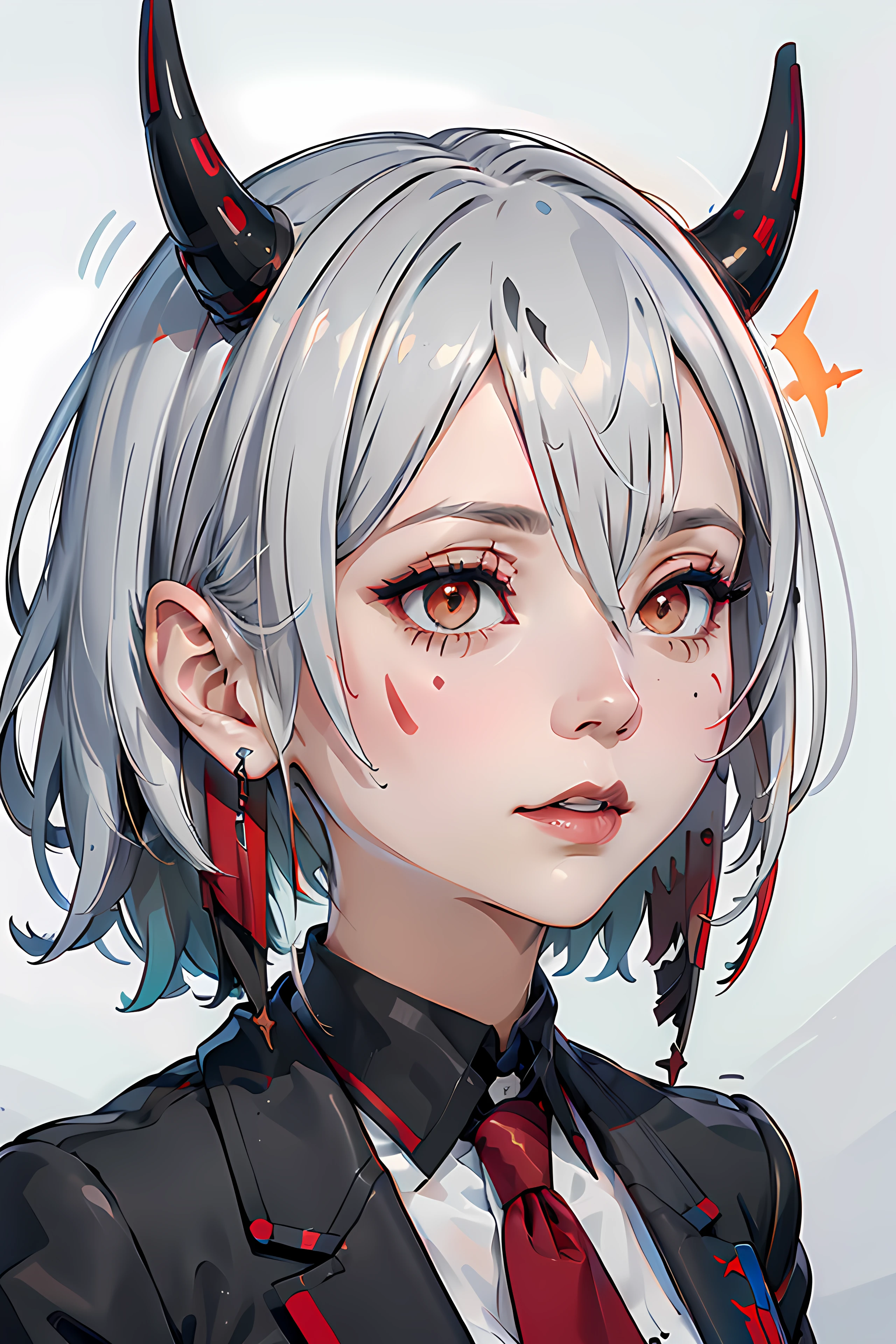 masterpiece,(ultra detailed),reginadef, (headshot portrait:1.2), upper body,
black leotard, black jacket, white shirt, red horns, view from above, facial mark