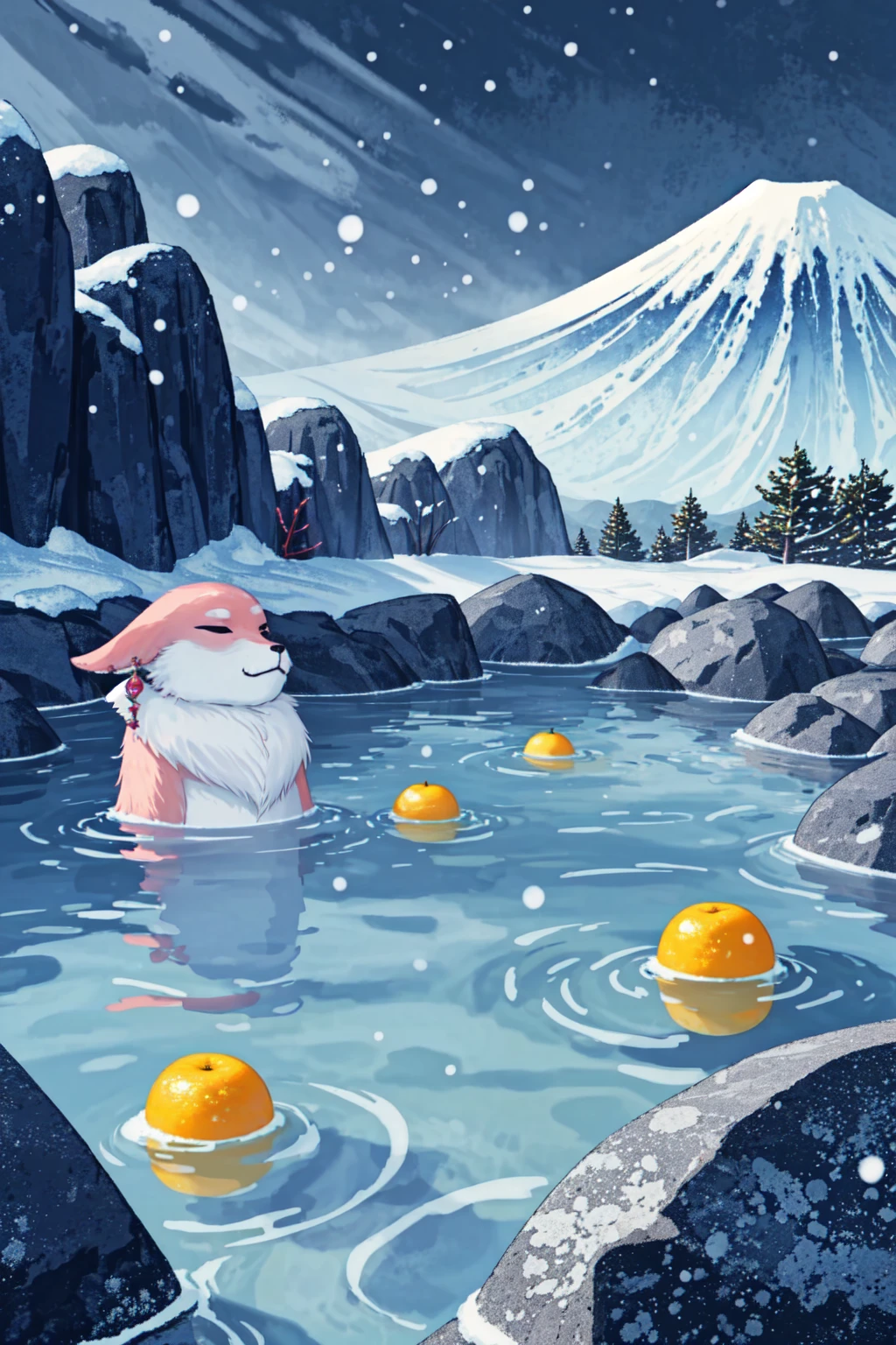 <lora:LCM_LoRA_Weights_SD15:1>, <lora:yomama_onsen:0.8>yomama_onsen, hotspring, snow, forest, outdoor, rock, scenary, steam, 1girl, (partially submerged), mount fuji, ( fruits) <lora:YaeMikoFox:0.8> YaeMikoFox, no humans, multiple tails