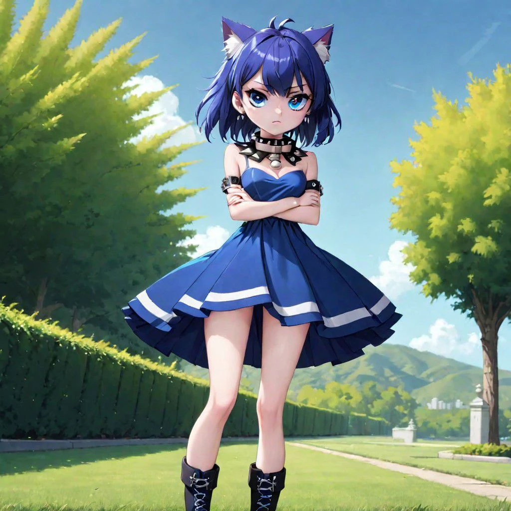 totless, full body, 1girl, outfit1, spiked collar , outdoor background, heterochromia , blue dress with one white stripe