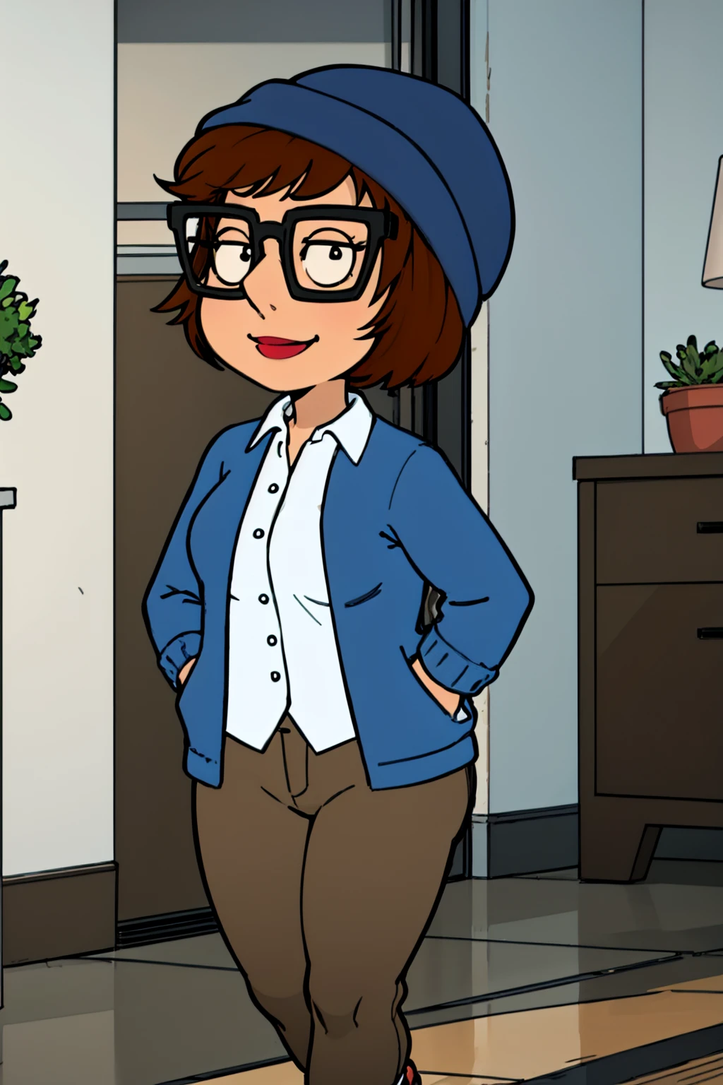 <lora:HipstirMeg-000008:0.6> meg, glasses, brown hair, 1girl, hat, short hair, solo, shirt, black-framed eyewear, pants, white shirt, blue headwear, indoors, brown pants, shoes,looking at viewer, smile,breasts,