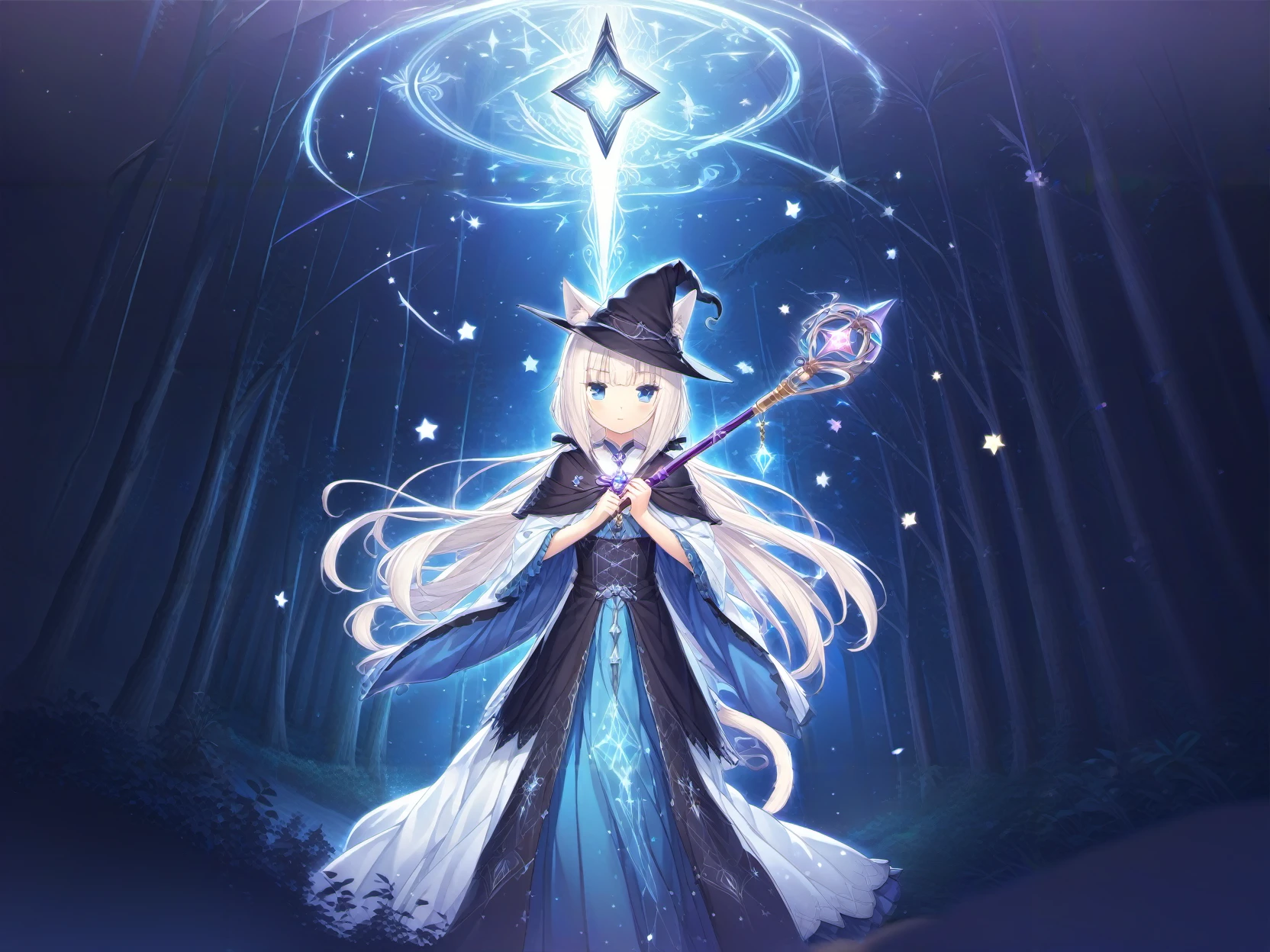 <lora:Vanilla-SDXL-000008:0.975>,xiangcao \(nekopara\), nekopara, 1girl, animal_ears, cat_ears, slit_pupils, white_hair, blue_eyes, magician, grand sorceress, high quality, solo, magic staff, mystical aura, enchanting, spellcasting, robes, wizard hat, mystical symbols, glowing runes, ancient tome, magical energy, fantasy setting, ethereal background, mystical forest, floating crystals, arcane circles, high fantasy, detailed costume, elegant pose, powerful gaze, mystical creatures, moonlit night, stars, magical glow, high-quality rendering, intricate details, captivating presence