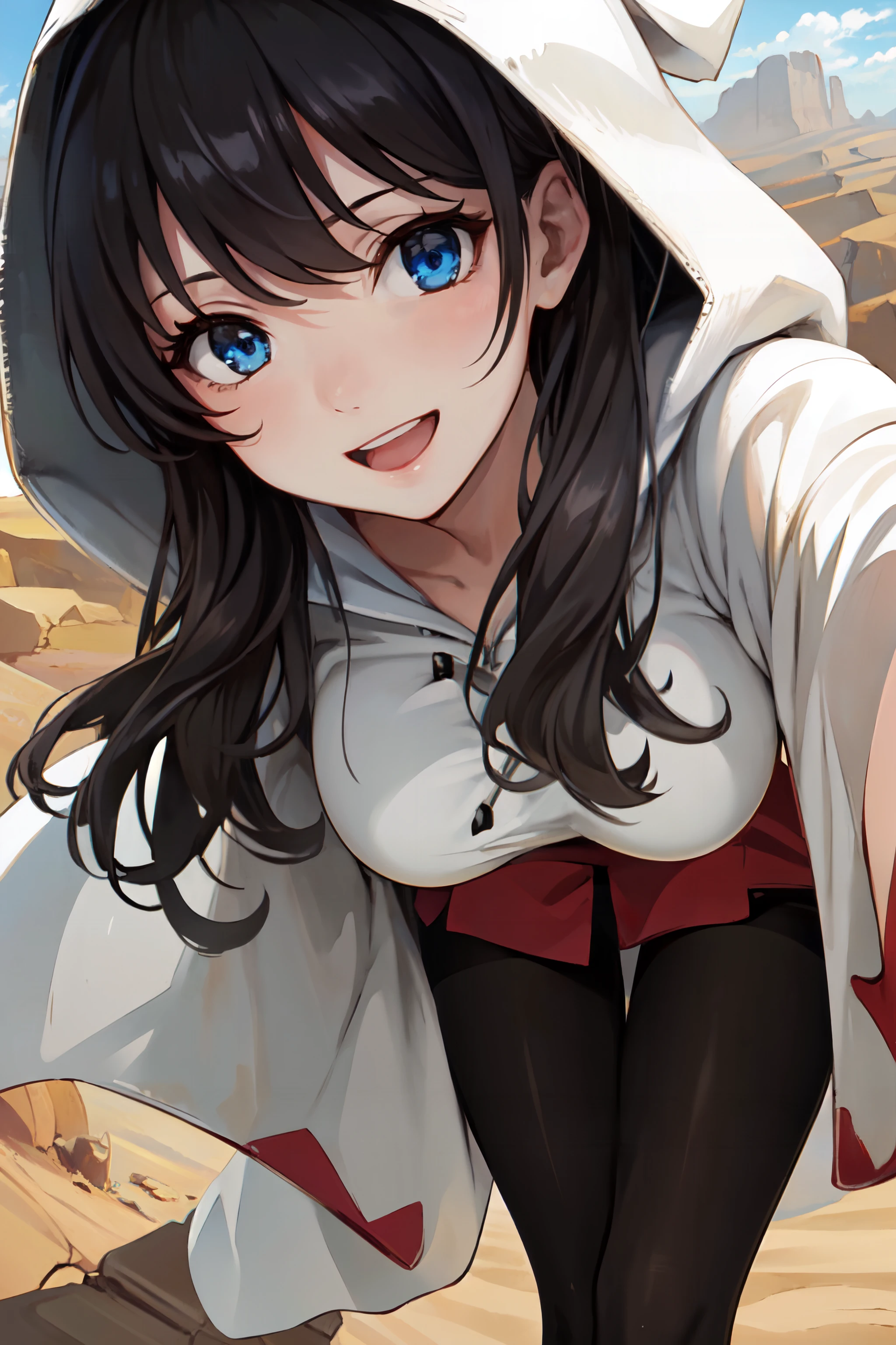 (masterpiece, best quality, ultra detailed, beautiful illustration), atmospheric perspective, depth of field, looking at viewer, beautiful detailed eyes, anime eyes:1.4, (portrait, close-up:1.2), dynamic pose, dynamic angle, (outdoors, desert), 1girl, wink, :d, (huge breasts), WhiteMageFFT, extremely long hair, (black hair), hair over shoulder, blue eyes, white mage, hood, robe, (long robe, knee-length robe), gloves, pantyhose, boots, (leaning forward), <lora:FinalFantasy_FemaleWhiteMage:1>