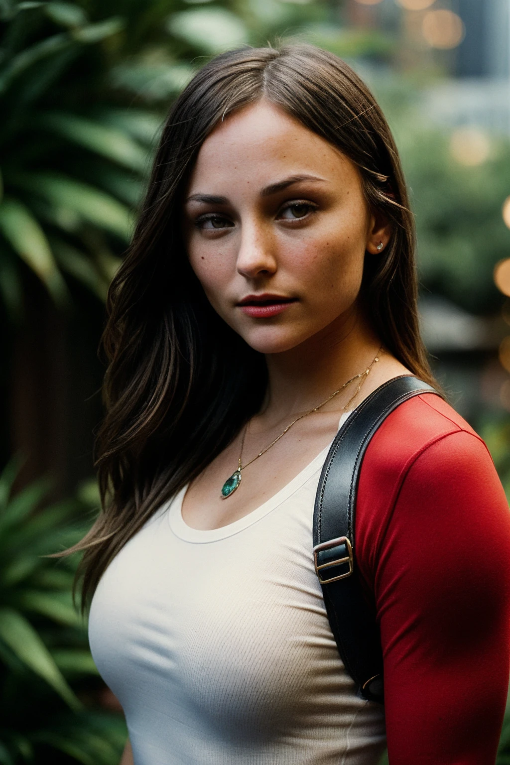 photo of fit (br1ana3v1gan:0.99), a beautiful woman, perfect hair, (modern photo), (Light Red compression shirt), closeup portrait, 85mm, (analog, cinematic, film grain:1.3), (A contemporary sky garden, suspended between skyscrapers and filled with lush vegetation and tranquil seating areas:1.1), detailed eyes, seductive pose, painted lips, (epicPhoto), (looking at viewer:1.1), jewelry, (cinematic shot:1.3), (natural lighting, lit from above)