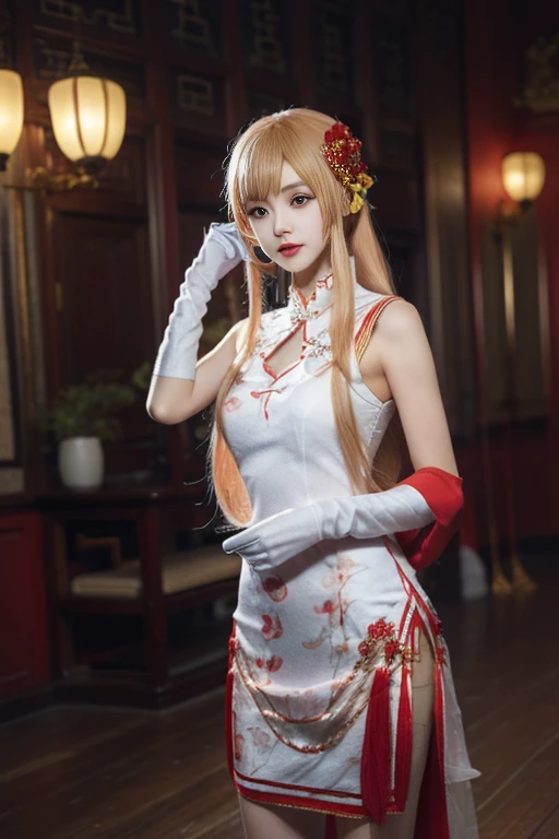 ltra-detailed,highly detailed,best quality,masterpiece,illustration,realistic,photorealistic,
yuuki asuna,
1girl, solo,
qipao, china dress, chinese clothes, sleeveless, bare shoulders,
long hair, blonde hair, very long hair, double bun, hair bun, bun cover, ribbon, bangs, hair ribbon, hair ornament,
cowboy shot, hand in own hair, standing, looking at viewer, adjusting hair,
indoors,
<lora:yuuki asuna-qipao_v1_07:0.8>