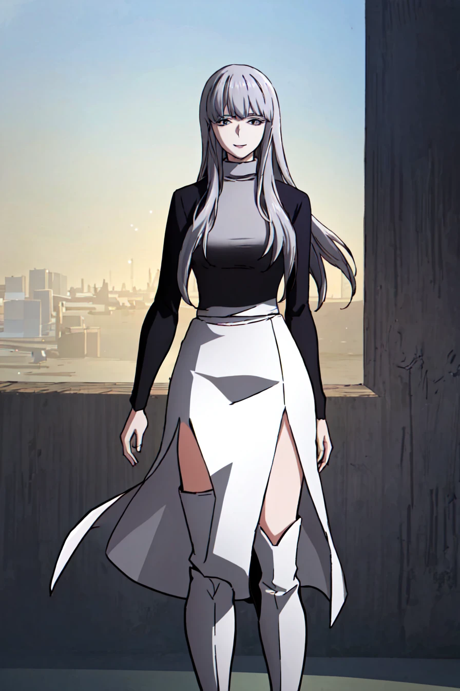 (best quality) , (highly detailed) ,masterpiece ,absurdres ,detailed face ,beautiful face ,(detailed eyes, deep eyes, anime eyes) ,1girl , solo,
Balancing with one foot raised behind,
003, grey eyes, grey hair, white hair, long hair, jacket, sweater, black jacket, turtleneck, very long sweater dress, long sweater, (white slit long skirt:1.2), turtleneck sweater, (white knee boots:1.3), slight smile, <lora:003V1:0.8>