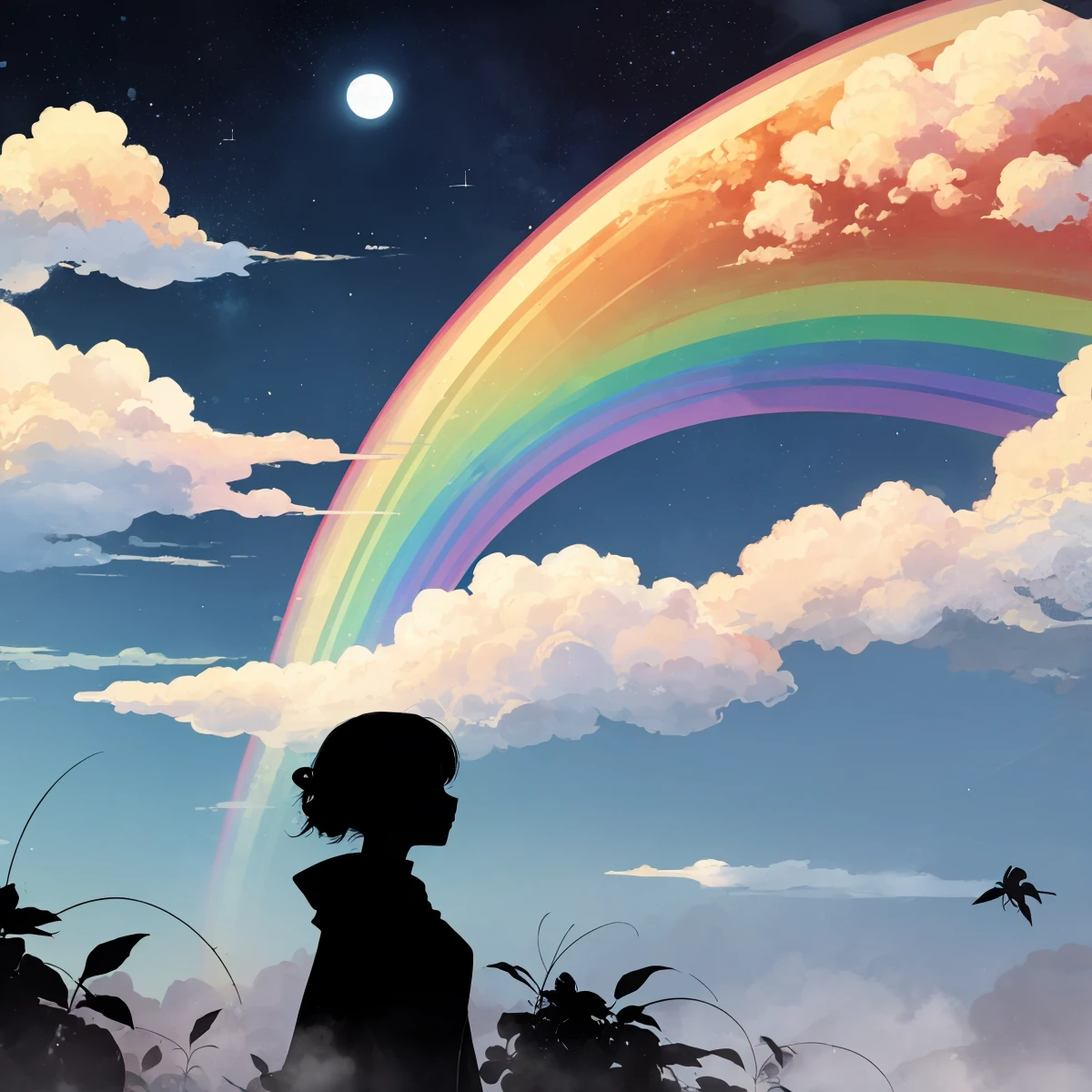 1girl, flowers, leaf, swirling mist, rainbow mist, dripping, traditional texture, (silhouette:1.3), rainbow:1.3, nebula, clouds, moon, meteor shower