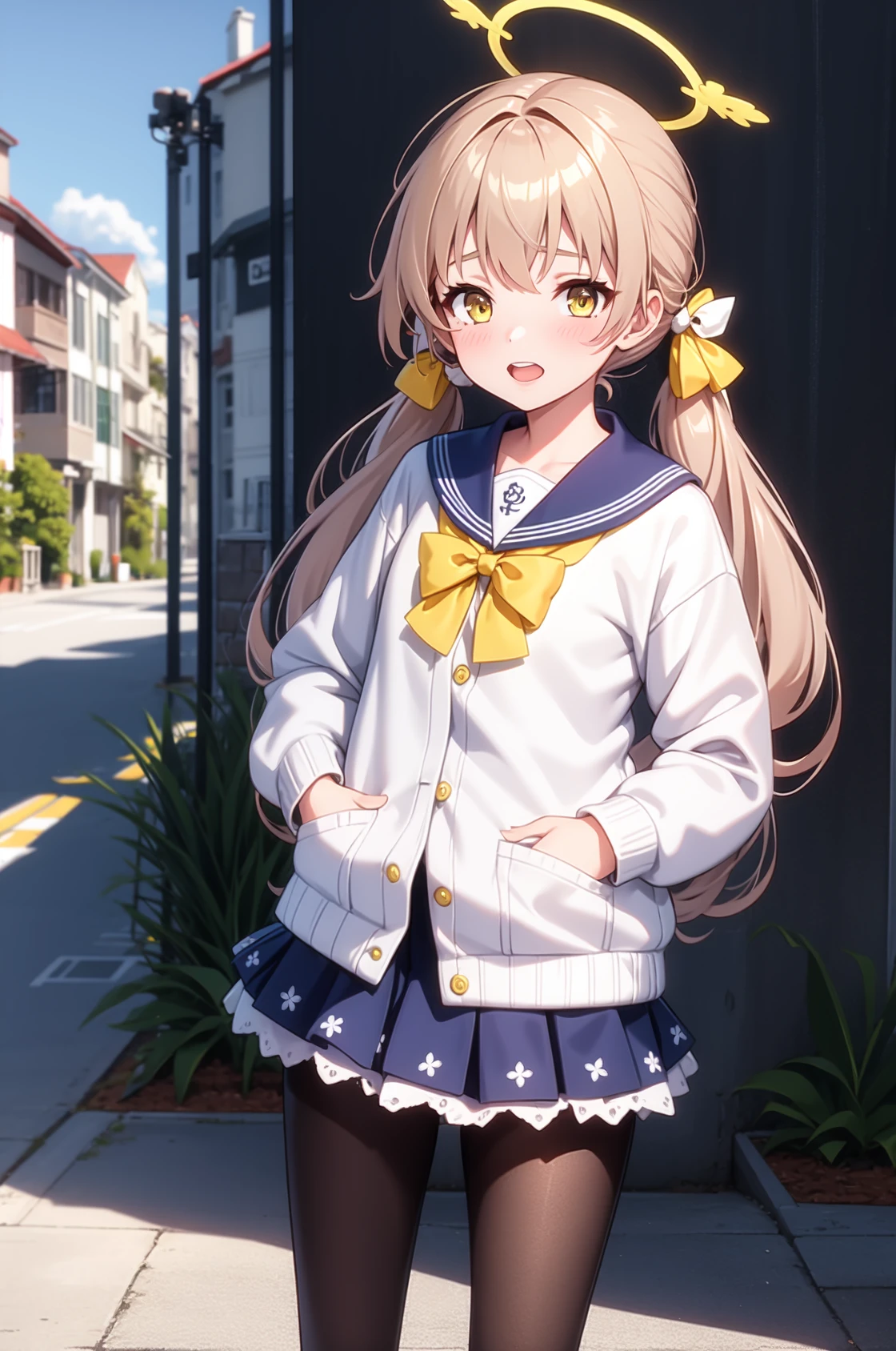 1girl, solo, (masterpiece, best quality), outdoors, street, blush, thighs, hifumi, yellow eyes, light brown hair, bangs, long hair, low twintails, tied, hair ribbon, halo, school uniform, long sleeves, sailor collar, yellow ribbon, bow, blue skirt, pleated skirt, frilled skirt, frills, black pantyhose, standing, long sleeves, hands on pocket