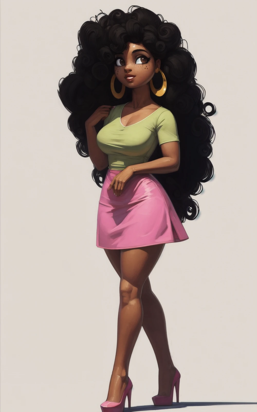 8k,4k,((Best quality, masterpiece, ultra high resolution)),((full body, by pixelsketcher)),     <lora:MariaRivera:0.8>,MariaRivera,freckles, long hair, black hair,dark skin, dark-skinned female, curly hair, big hair, hoop earrings,high heels,green shirt, pink skirt, brown eyes,white background,human