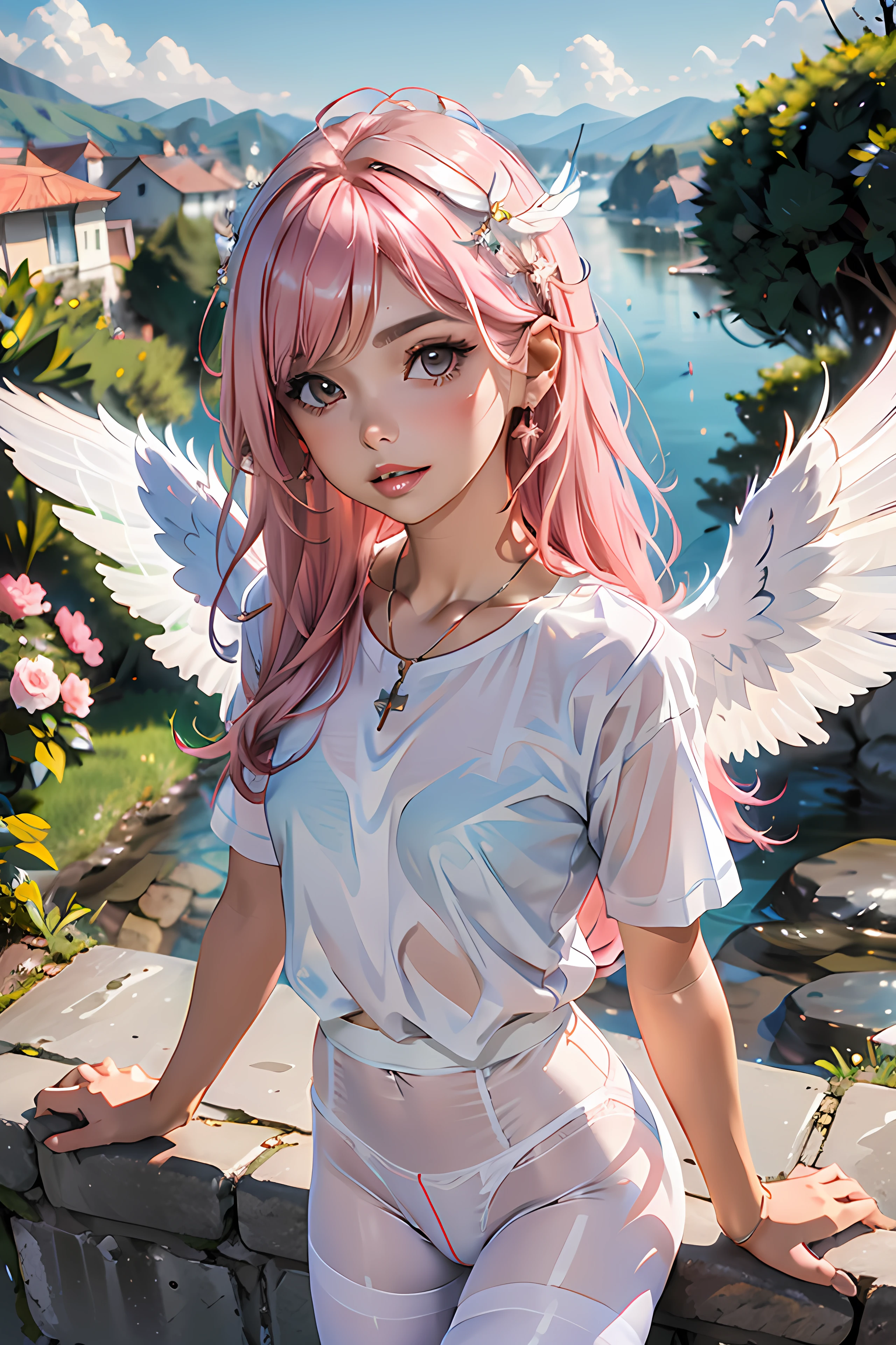 masterpiece, ultra detailed, singelicadef, looking at viewer, hair ornament, upper body, outdoor,sky ,heaven, upper body, pantyhose,bedroom, from above