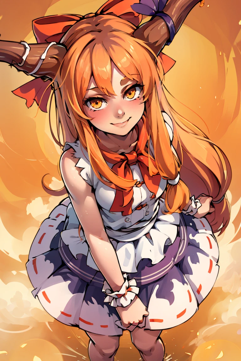 ((masterpiece,best quality)), absurdres, <lora:Ibuki_Suika_Touhou:0.8>, Ibuki_Suika_Touhou, horns, ibuki suika, 1girl, long hair, solo, bow, hair bow, horn ornament, ribbon, horn ribbon, orange hair, shirt, sleeveless, red bow, sleeveless shirt, solo, smiling, looking at viewer, from above, cowboy shot,