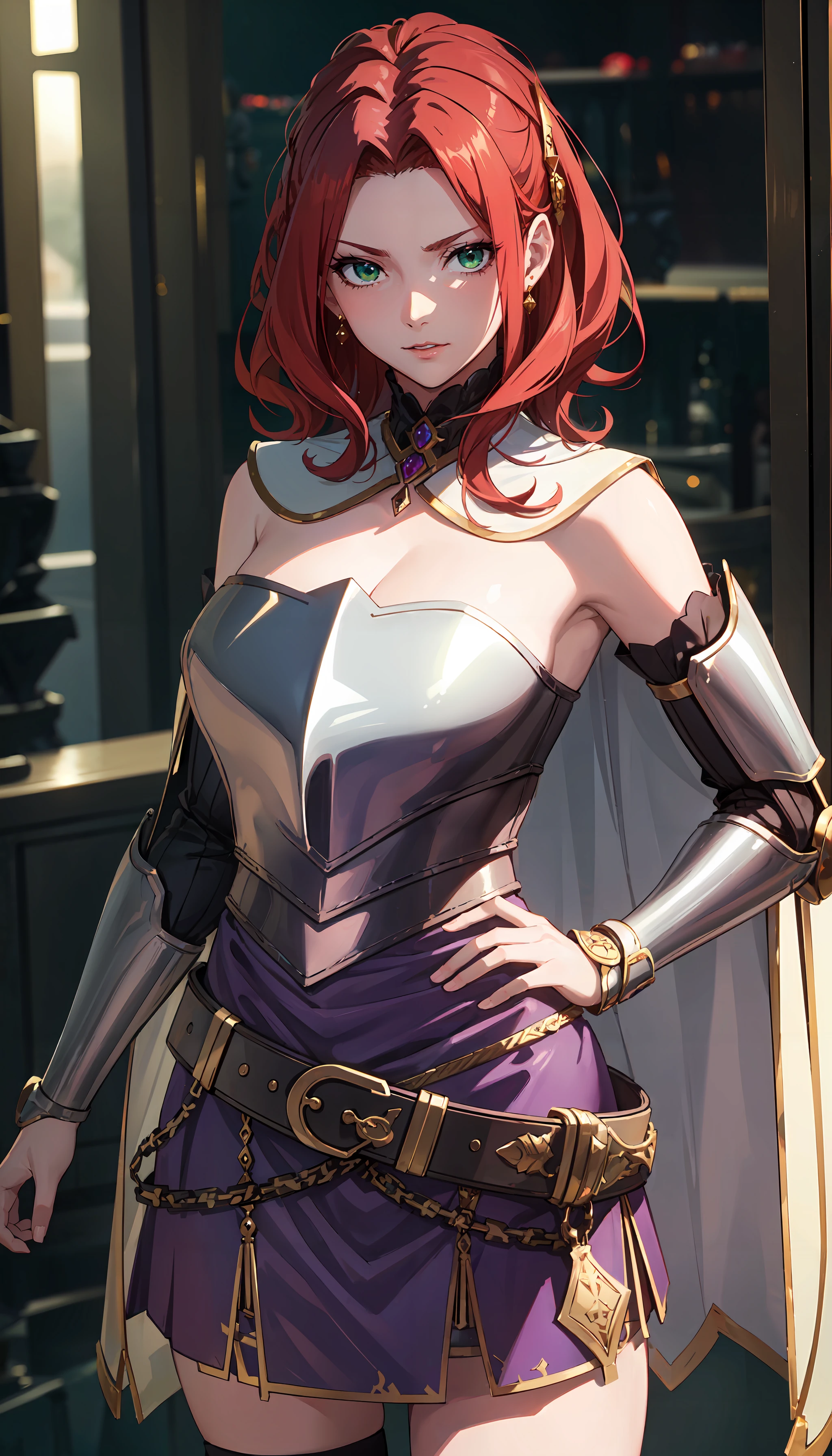 photorealistic, (4k), depth of field, (Masterpiece), (realistic skin texture), extremely detailed, intricate, hyper detailed, professional photography, bokeh, high resolution, sharp detail, best quality, girl, red hair, green eyes, armor, breastplate, detached sleeves, white cape, long skirt, (purple skirt:1.3), black leather belt, arm guards, hair ornament,  <lora:GoodHands-beta2:0.8> , <lora:detail_slider_v4:0.8> , dynamic pose, showing indifference, evil smirk,  <lora:Malty Melromarc-000004:0.7> ,