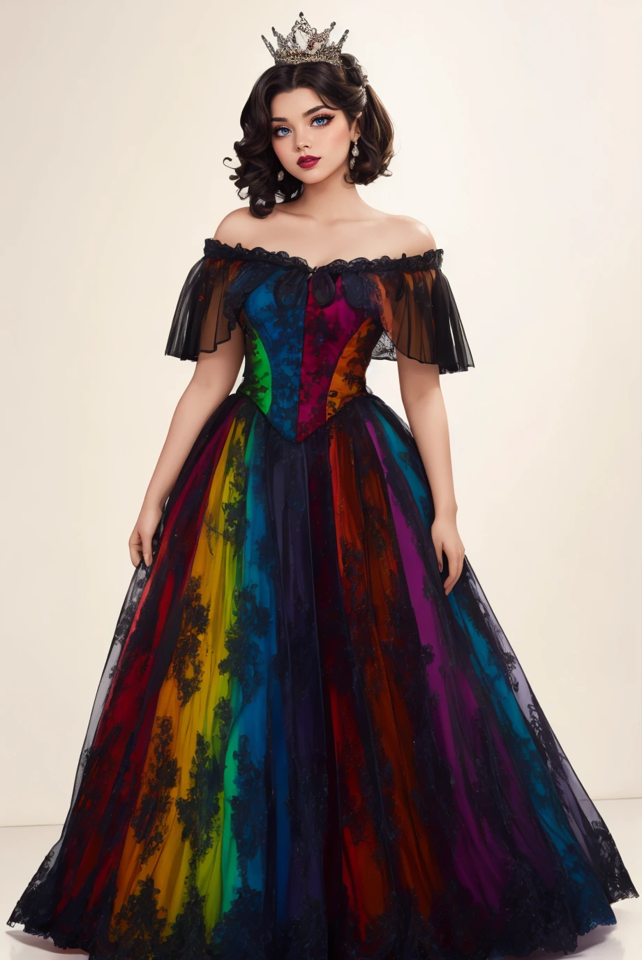 woman,   Adult, curvy,  looking at viewer,  (full body photo:1.3), (black Textured Side-Swept Bob with Hairpin:1.1), b34uty_g0wn_3,long multi colored gradient gown, lace, puffy underskirt, off shoulder,  tiara,  <lora:b34uty_g0wn_3-15:0.7>, best quality, high detail, high quality, high res, 4k,eyeliner, pouty lips,  detailed skin texture,  (blush:0.5), white background, smiling