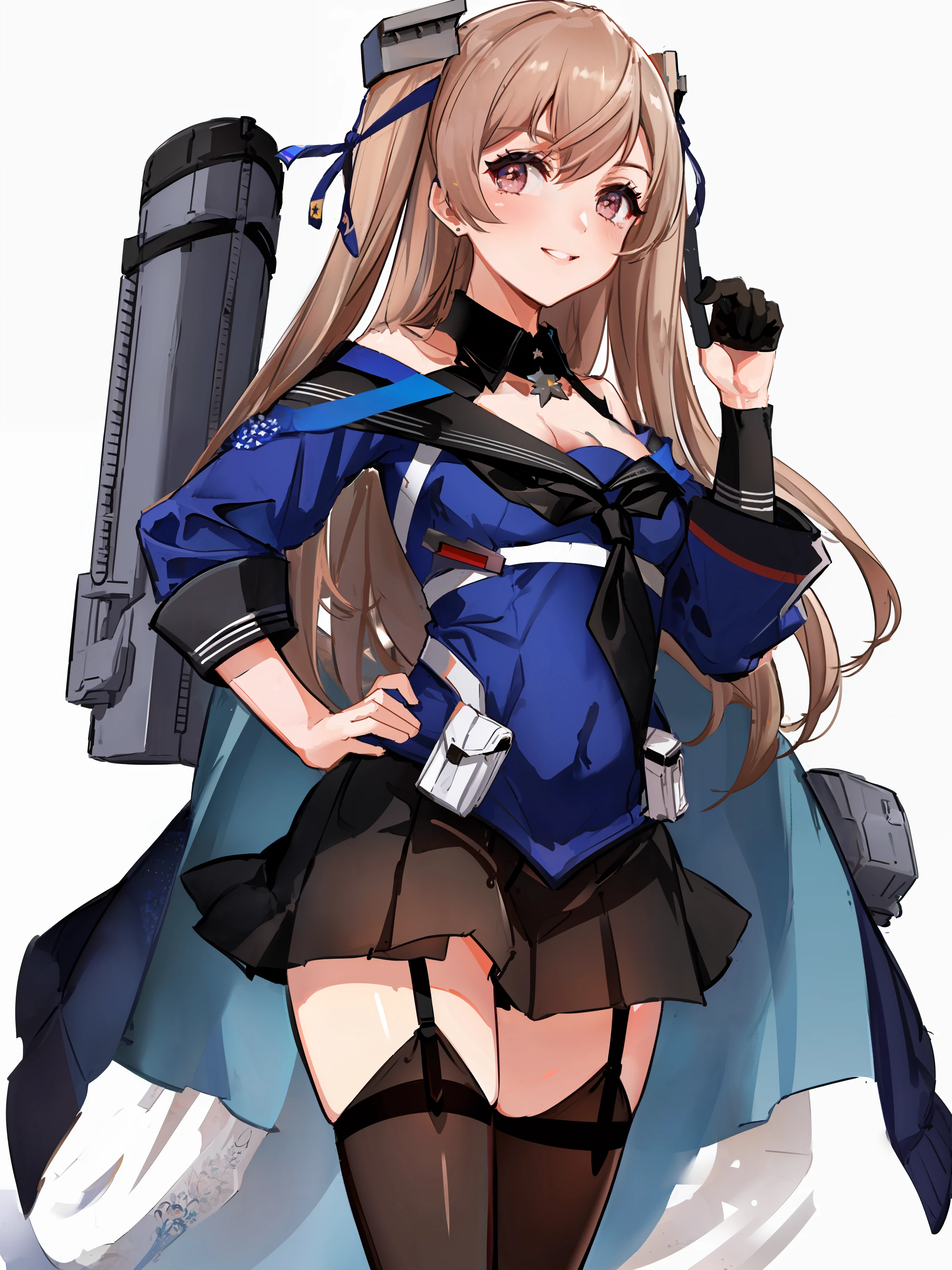 johnston \(kancolle\), 1girl, solo, skirt, breasts, thighhighs, cleavage, black skirt, garter straps, pleated skirt, gloves, sailor collar, shirt, school uniform, blue shirt, off shoulder, black gloves, serafuku, black thighhighs, white background, medium breasts, single glove, simple background, looking at viewer, smile, hand on hip, cowboy shot, standing, original, intricate detail, illustration, masterpiece, extremely detailed CG unity 8k wallpaper, highlight, sharpening, dynamic, <lora:Johnston-6:0.8>,