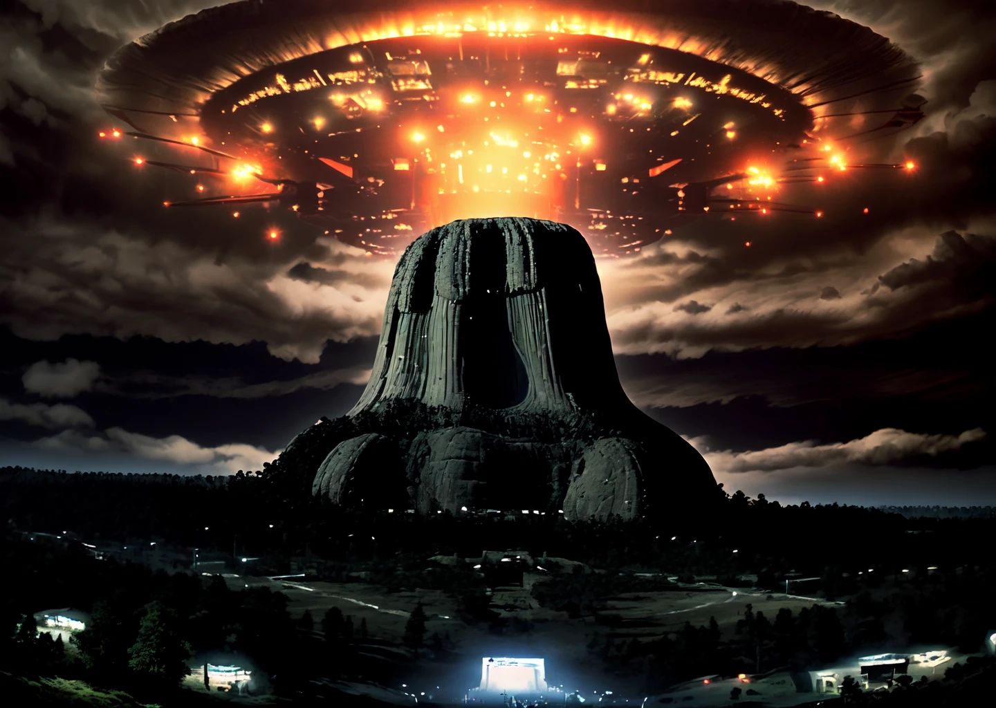 3rdkind,alien mothership, devilstower, night time, clouds forming, rock formation runway, in the middle of a forest photo, 35mm, panavision psr 200, film grain, realistic photo,  <lora:Close_Encounters_Of_The_Third_Kind:0.8>