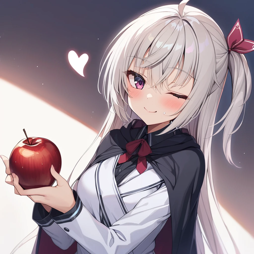best quality, masterpiece, <lora:akizuki_kanna:1>,akizuki kanna, 1girl, solo, upper body, looking at viewer, holding fruit, blush, smile, purple eyes, one eye closed, long hair, white hair, ahoge, hair ribbon, bangs, cape, red ribbon, long sleeves, apple, heart, one side up, food on face