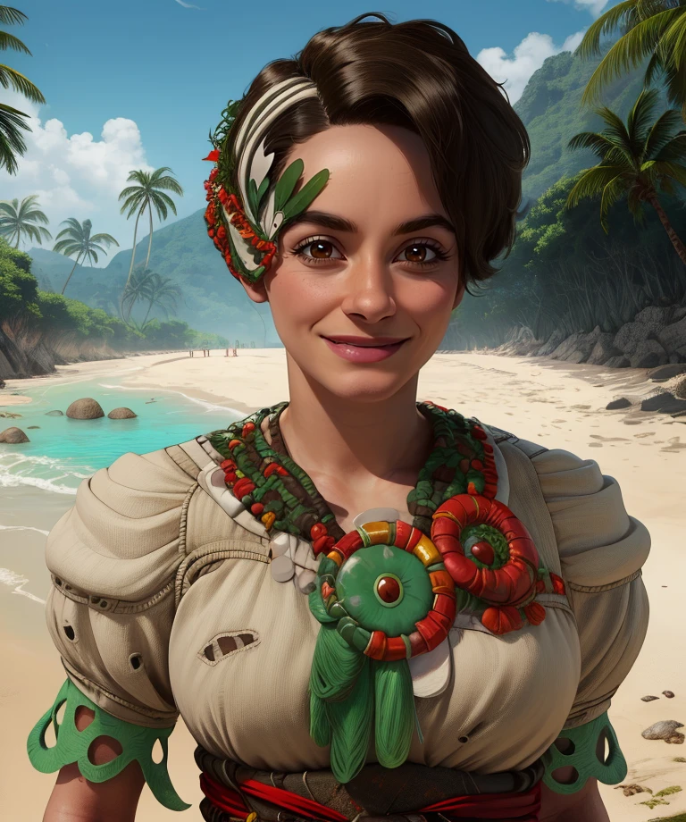 Alva, short brown hair, brown eyes, hands up,
upper body, solo, smile, close up, cleavage, from above,
green jewelry, short puffy sleeves, white and green dress, shorts, headpiece, red sash,
tropical forest, beach, village,
(insanely detailed, beautiful detailed face,beautiful detailed eyes, masterpiece, best quality) <lora:Alva:0.8>