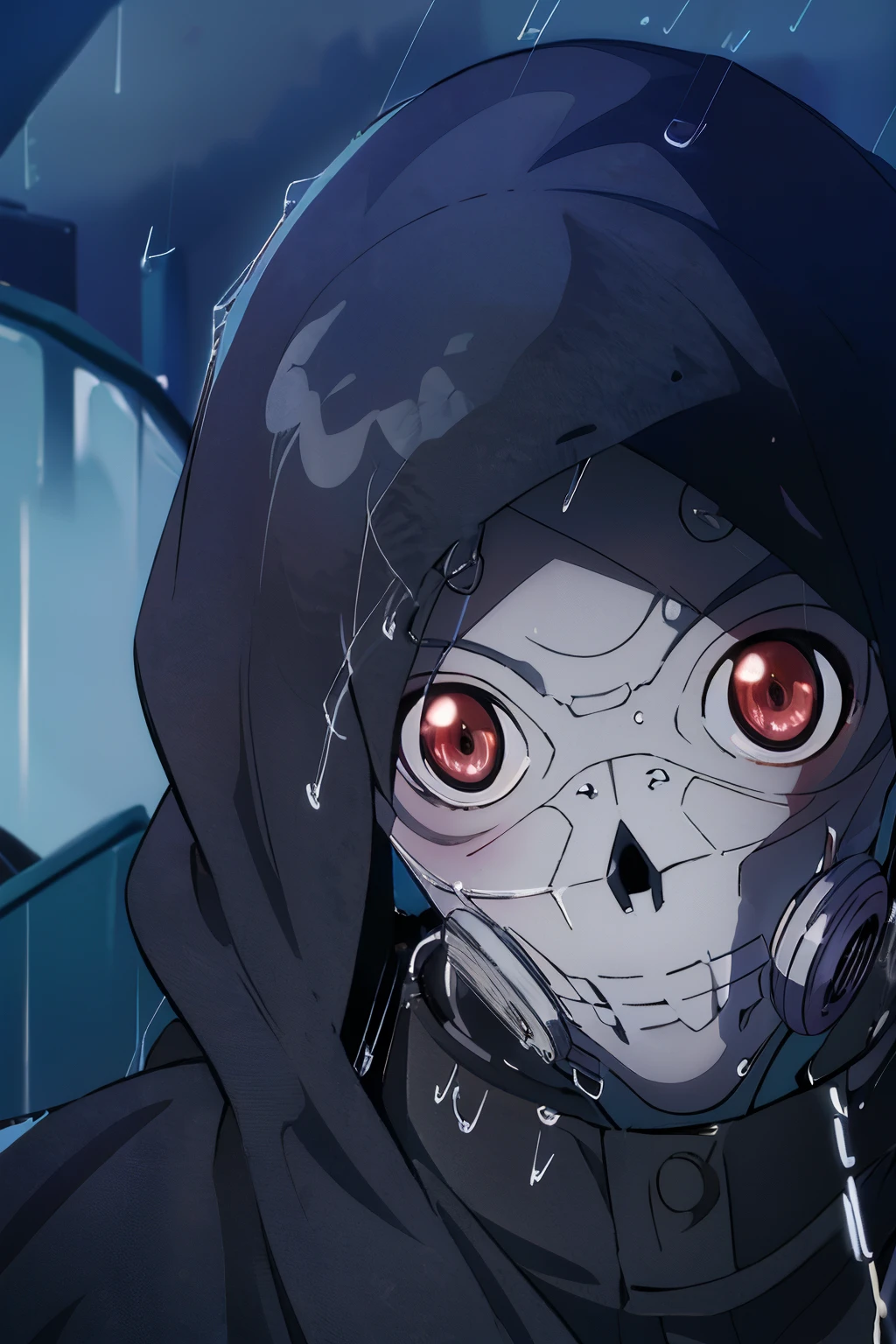 (d34thgun:1.5), (man wearing a cyberpunk skull mask with glowing red eyes, muscular stature:1.4), (full face mask, gasmask, wrapped in bandages, cloak, pistol, kevlar armor:1.3)(1boy, male focus:1.5), (masterpiece, top quality, best quality, detailed scenery background, official art, beautiful and aesthetic, extremely detailed, best quality, absurdres:1.3), (detailed natural lighting, depth of field:1.3) (hyperrealistic:1.5), vivid 16k colorful hdr, highest detailed, (standing, holding pistol, aiming, raining, nighttime:1.5), (closeup:1.6), (face focus:1.2)