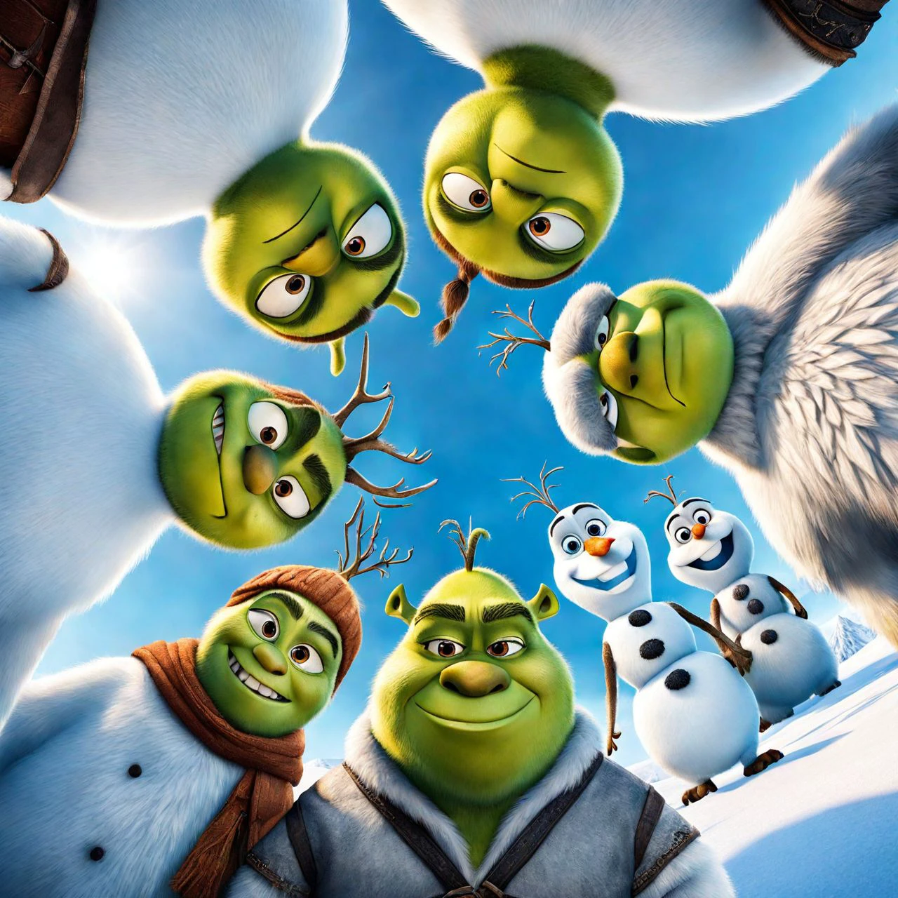 Below Huddled Shreks and Olafs on a frozen field <lora:SDXL_Below-Huddled_LoRA:1.0>
